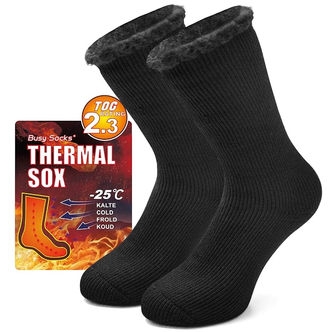 Thermal Slipper Socks Mens, Busy Socks Womens Winter Crew Full Cushion Insulated Heated Extra Thick Warm Fuzzy Cozy Trapping Ski Hiking Skating Athletic Socks for Outdoor Activities 1 Pair Black