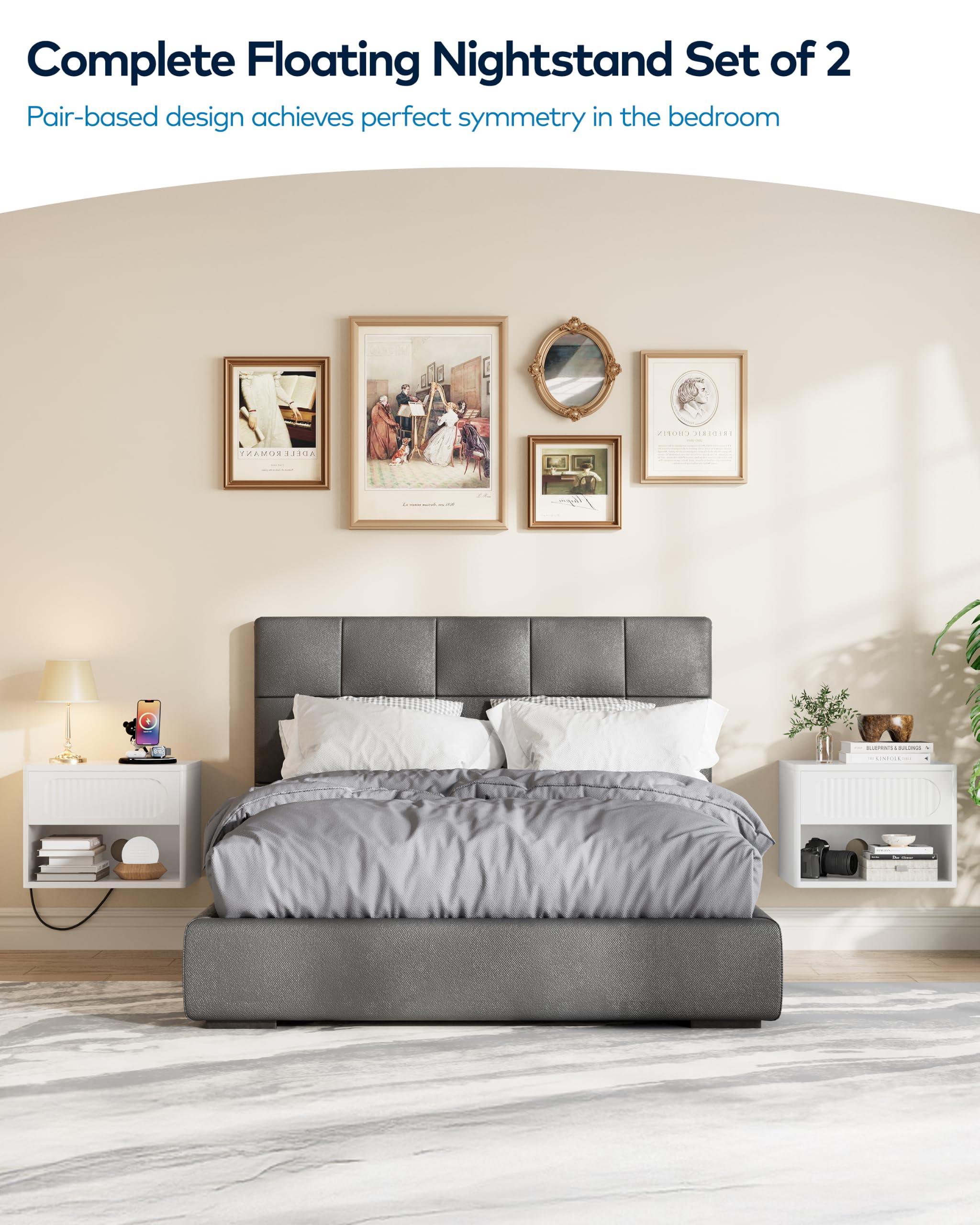 Nachttisch Hängend 2er Set, Nachtschrank Holz, Schwebendes Wandregal, Seitentisch Kleiner Moderner mit Schublade & Offener Raum für Schlafzimmer Wohnzimmer, Weiß