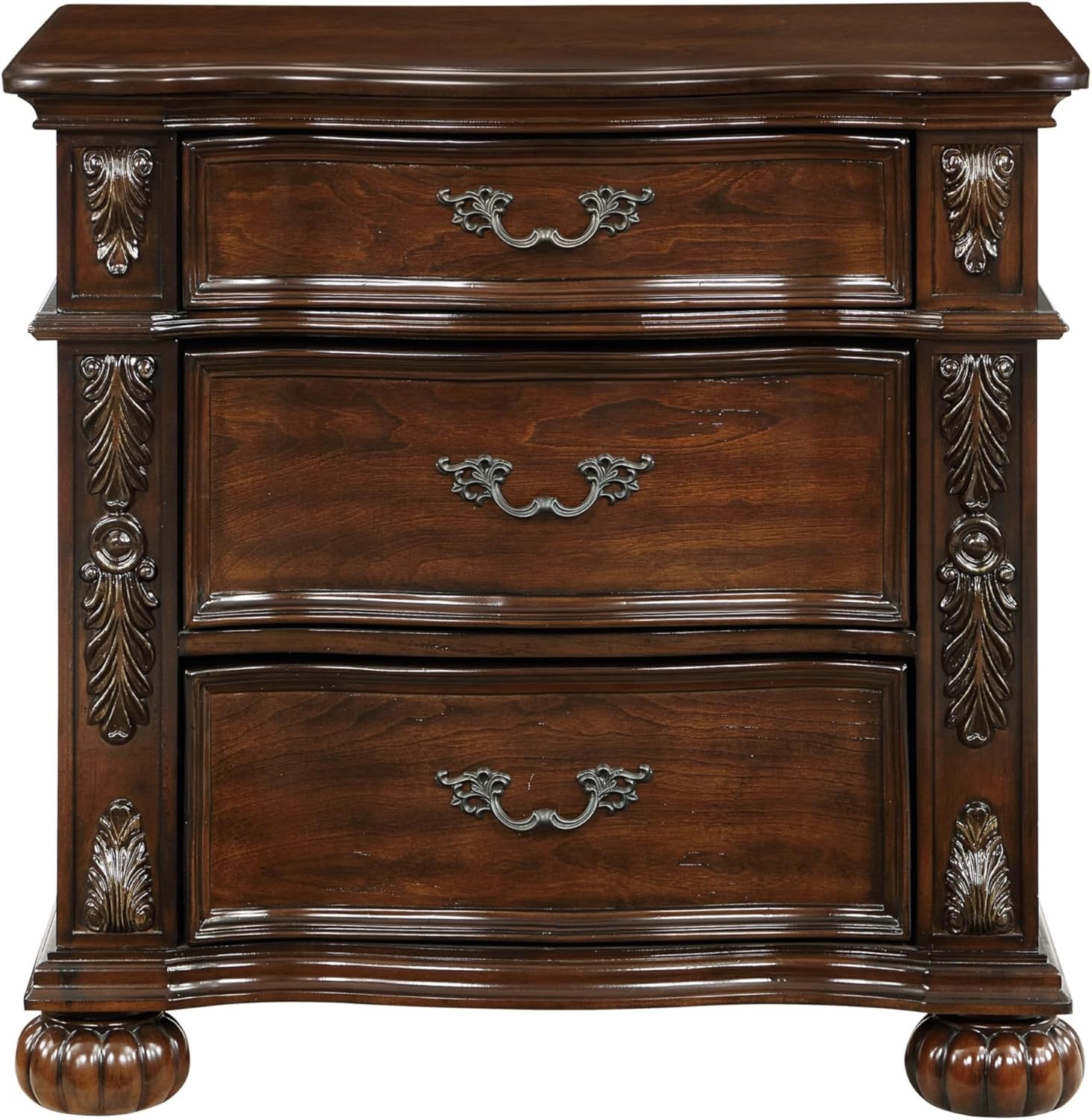 Benjara Nami 32 Inch Nightstand, 3 Drawers, Leaf Carvings, Cherry Solid Wood, Brown and Bronze