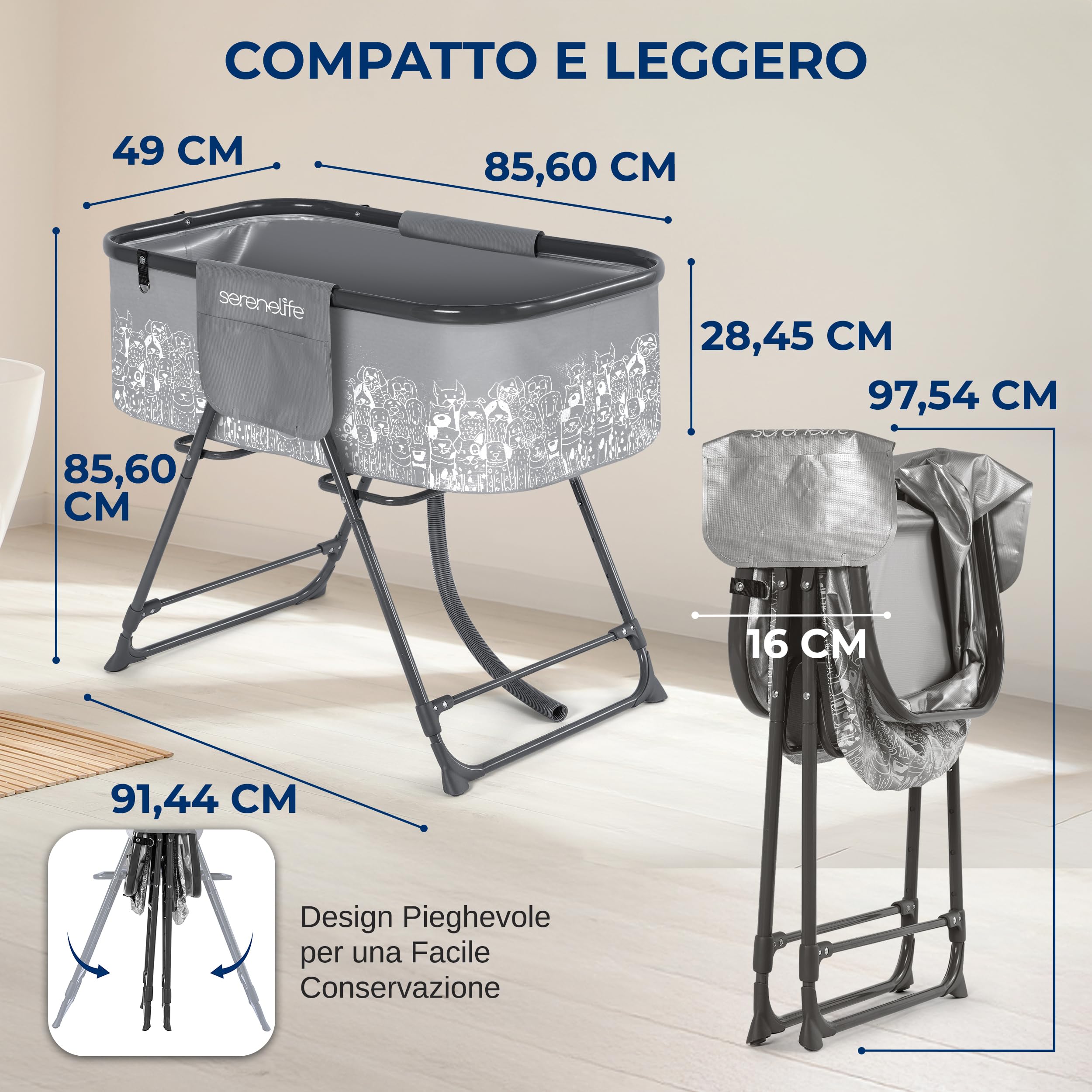 SereneLife Vasca da Bagno per Cani Portatile in PVC e Acciaio Inox, Altezza Regolabile Fino a 86 cm, Tubo di Scarico Integrato, Cani Accessori, Animali di Piccola e Media Taglia, Perfetto per Il Cane