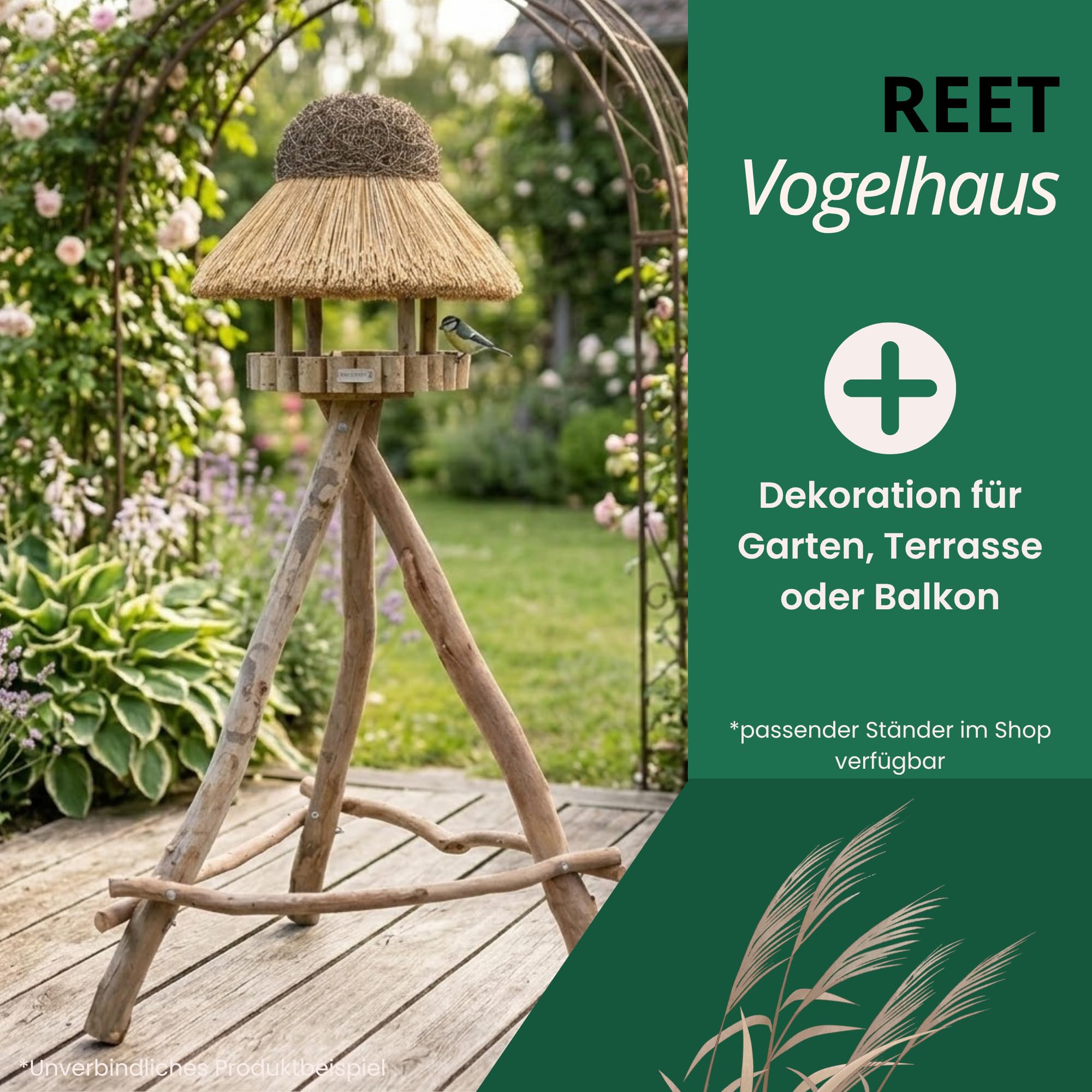 Vogelfutterhaus, Vogelhaus - mit Reetdach I Futterhaus für Vögel aus Eukalyptus Holz I Sylt I ideal für Balkon und Garten I wetterfest (XL - ca. 74 cm Traufe)