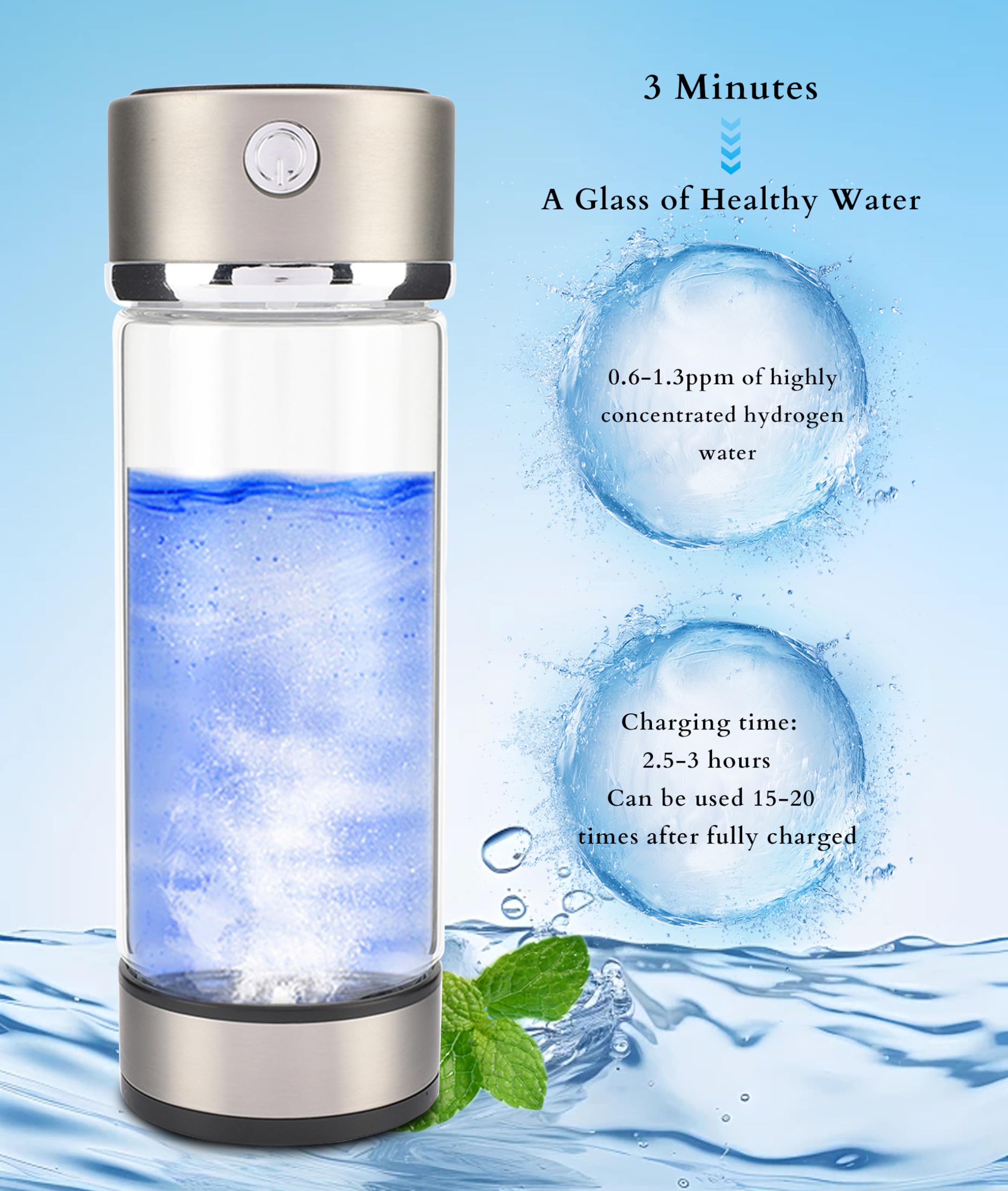 Bottiglia D'Acqua di Idrogeno, Bottiglia Portatile per Generatore di Acqua di Idrogeno, Tazza di Acqua Ricca di Idrogeno con Ricarica USB, Bottiglia di Ionizzatore D'Acqua da 420
