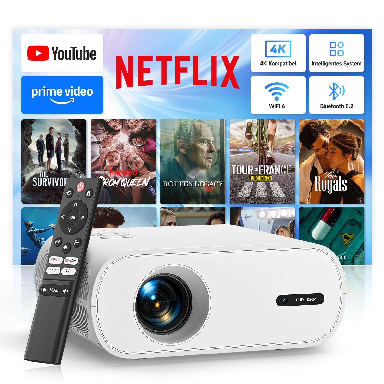 Smart Beamer 4K [Kompatibel mit Netflix & Offizielle Apps] 20000LM 1080P Beamer mit Elektrischer Fokus/Trapezkorrektur, WiFi 6 Bluetooth Mini Smart Projektor für Fußball-Weltmeisterschaft