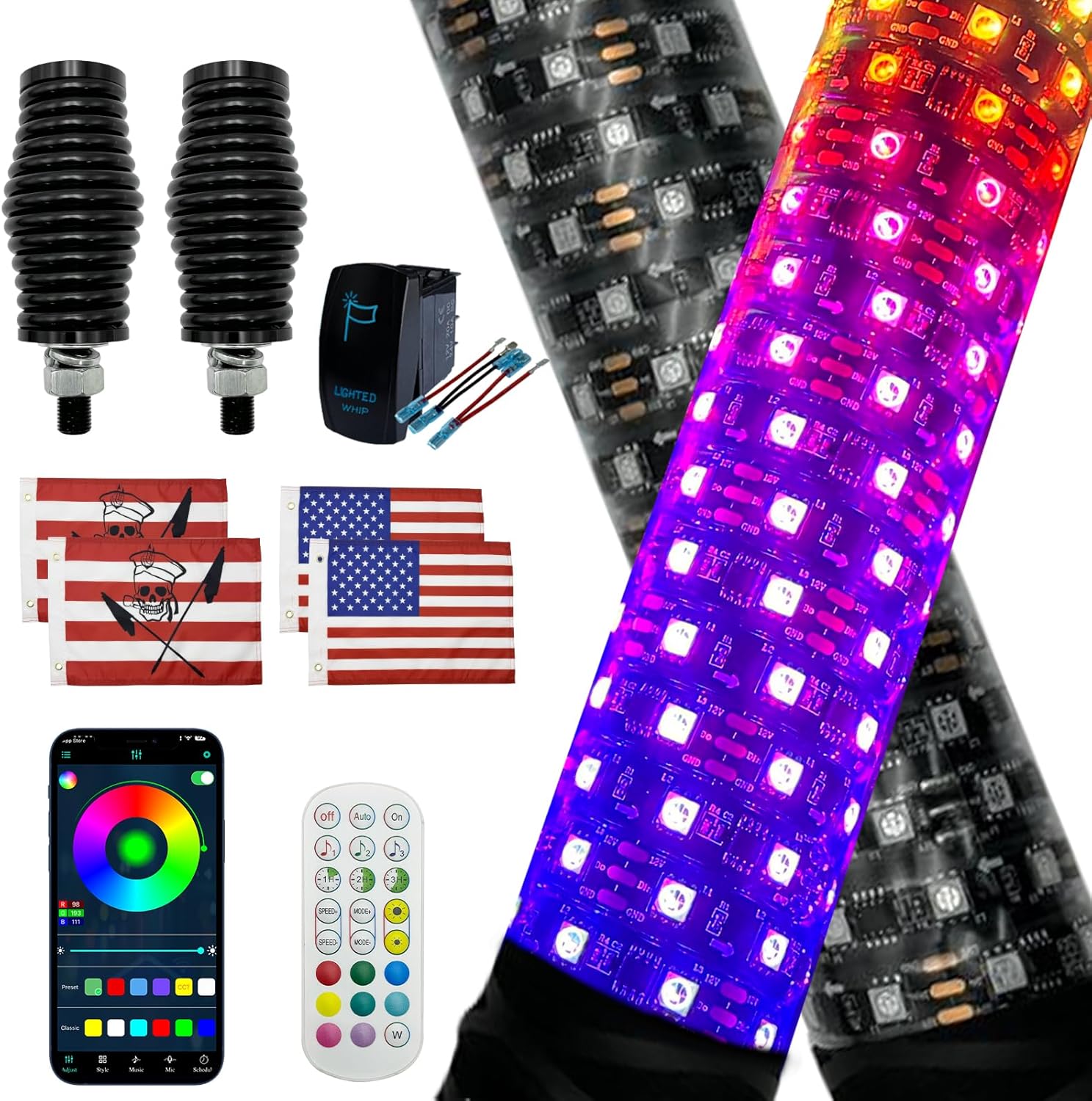 2 Pack 2ft Fat Whip Lights, LED Whip Lights with App & Remote Control, Rocker Switch, Spring Base, Brighter Spiral RGB Chasing Lighted Antenna Whips for UTV ATV Can-Am SXS Truck Polaris RZR