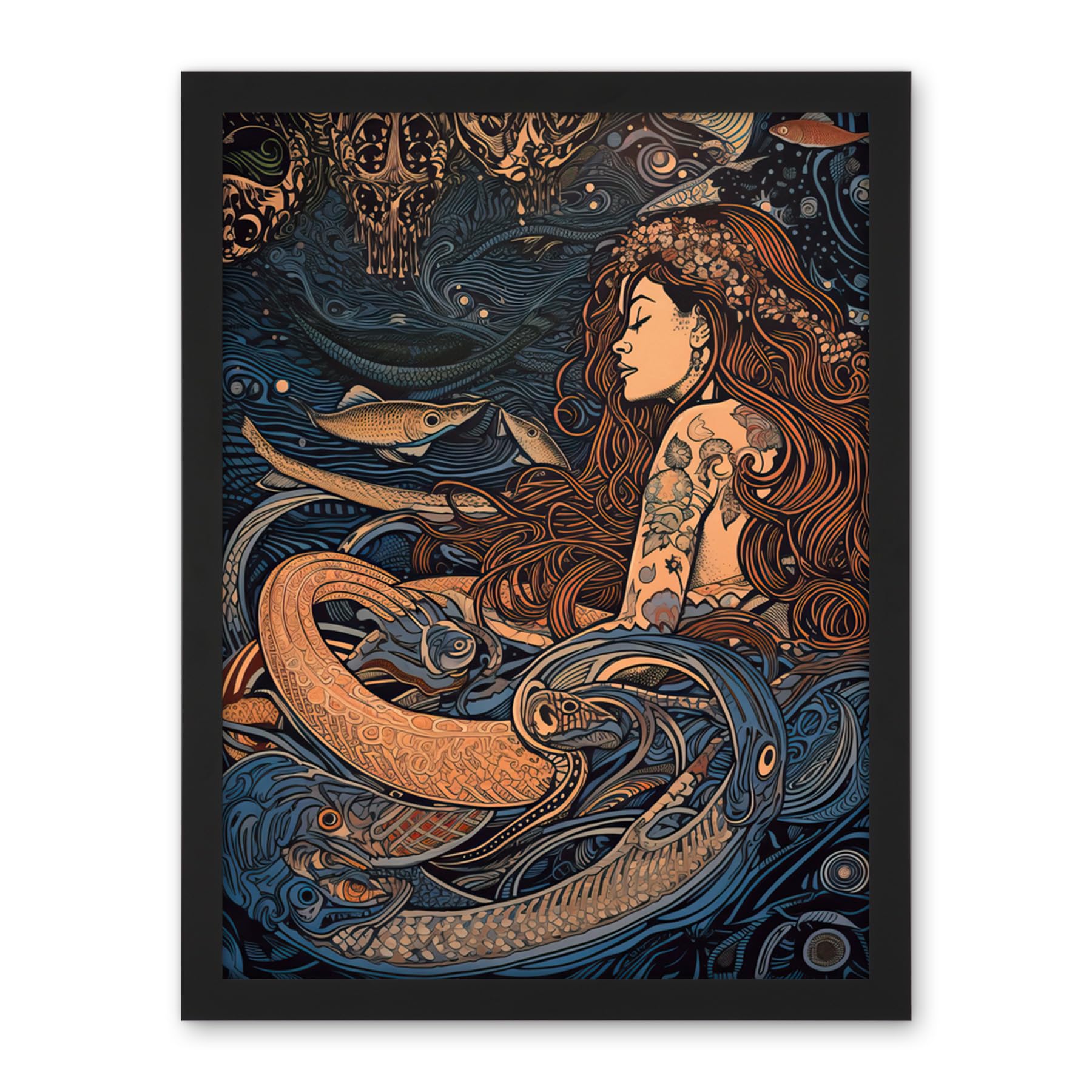 Artery8 Little Mermaid and Aquatic Animals Illustration Artwork Framed Wall Art Print 18X24 Inch