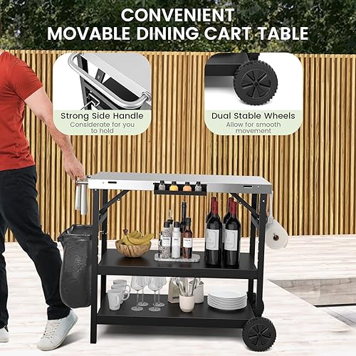 Miniatura 3 de GOFLAME Carrito de comedor para parrilla al aire libre de 3 estantes, mesa de carrito de preparación de alimentos movible con estante ajustable,