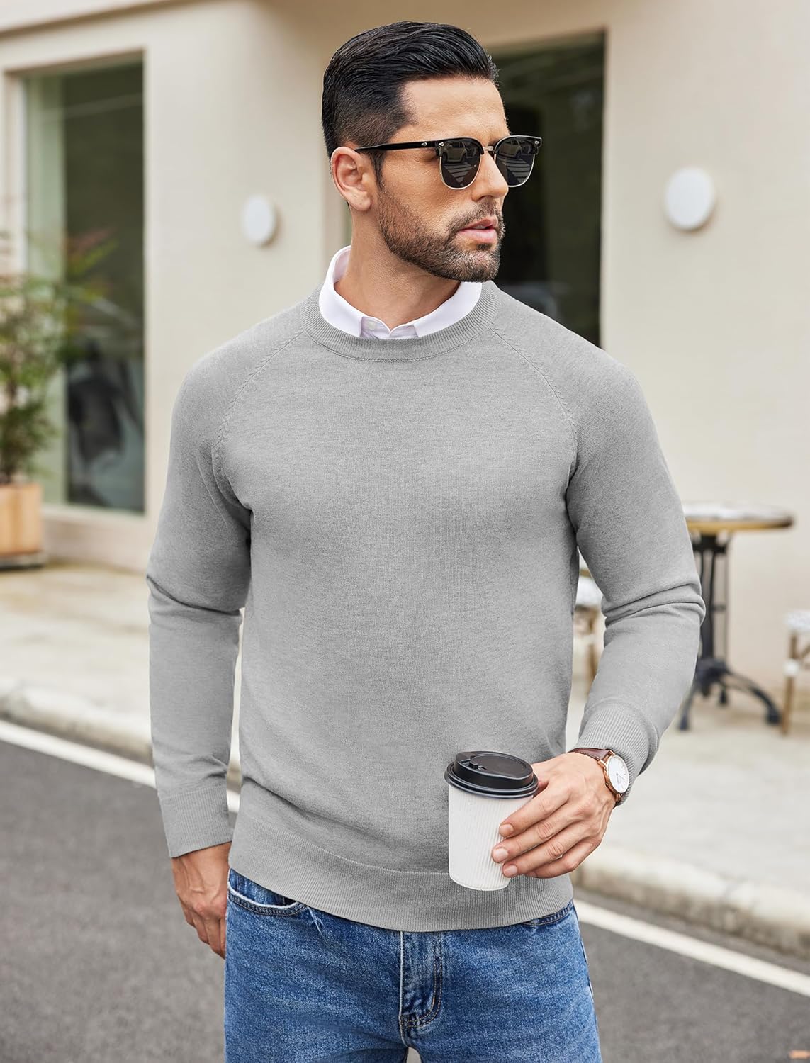 COOFANDY Men's Crewneck Sweater Casual Dress Pullover Sweaters Slim Fit Lightweight Long Sleeve Raglan Sweaters - Image 3