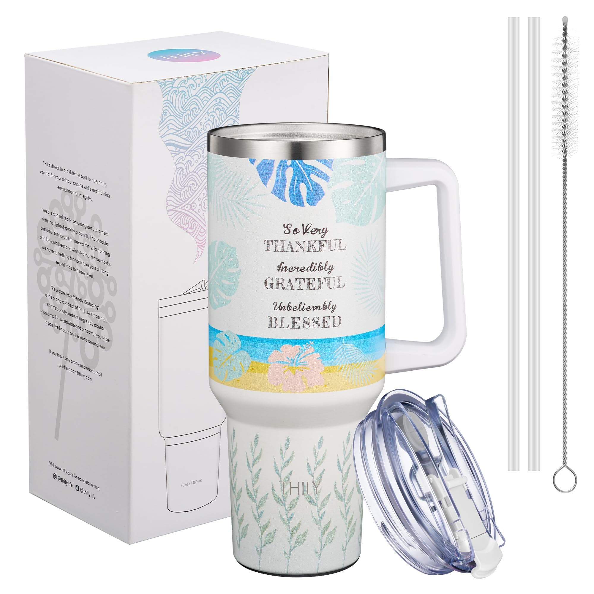 THILY Stainless Steel Insulated Travel Mug 40 oz Water Tumbler with Handle, Coffee Mug with Lid and Straws - Image 4