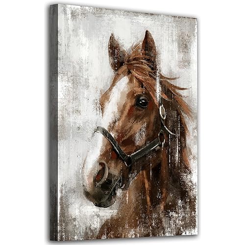 Horse Canvas Wall Art Horse Portrait Pictures Wall Decor Farmhouse Brown Horses Canvas Painting Rustic Horse Canvas Prints Artwork for Living Room Bedroom Office Home Wall Decoration 16" x 24"