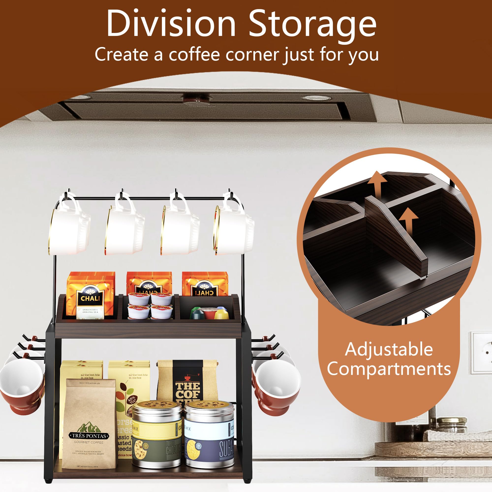 Porta Tazze In Legno 2 Livelli Con 16 Ganci – Espositore Da Cucina Vintage Con Ripiano, Supporto Per Tazze Da Caffè, Organizzatore Da Banco In Truciolare E Ferro - 2