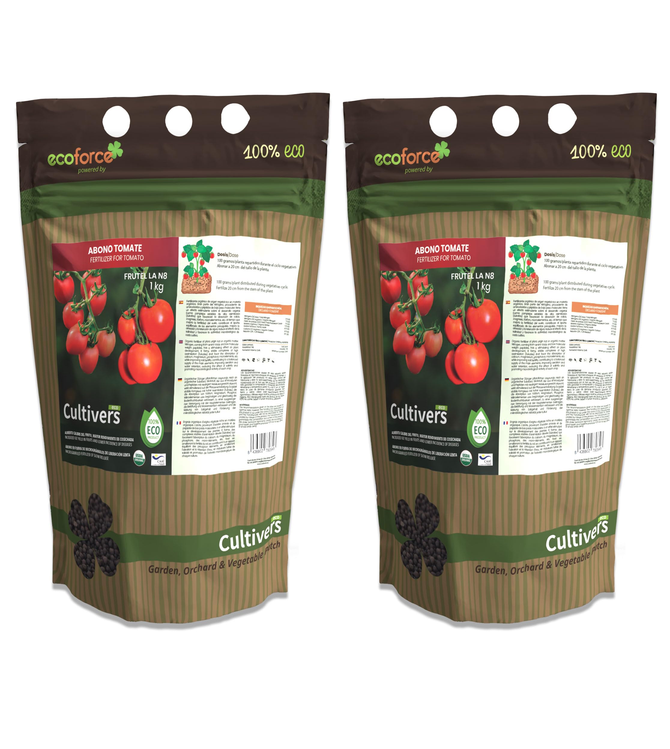 CULTIVERS Abono Tomates Ecológico de 2x1 Kg. Fertilizante de Origen 100% Orgánico y Natural Microgranulado. Mejora la Productividad tus tomateras