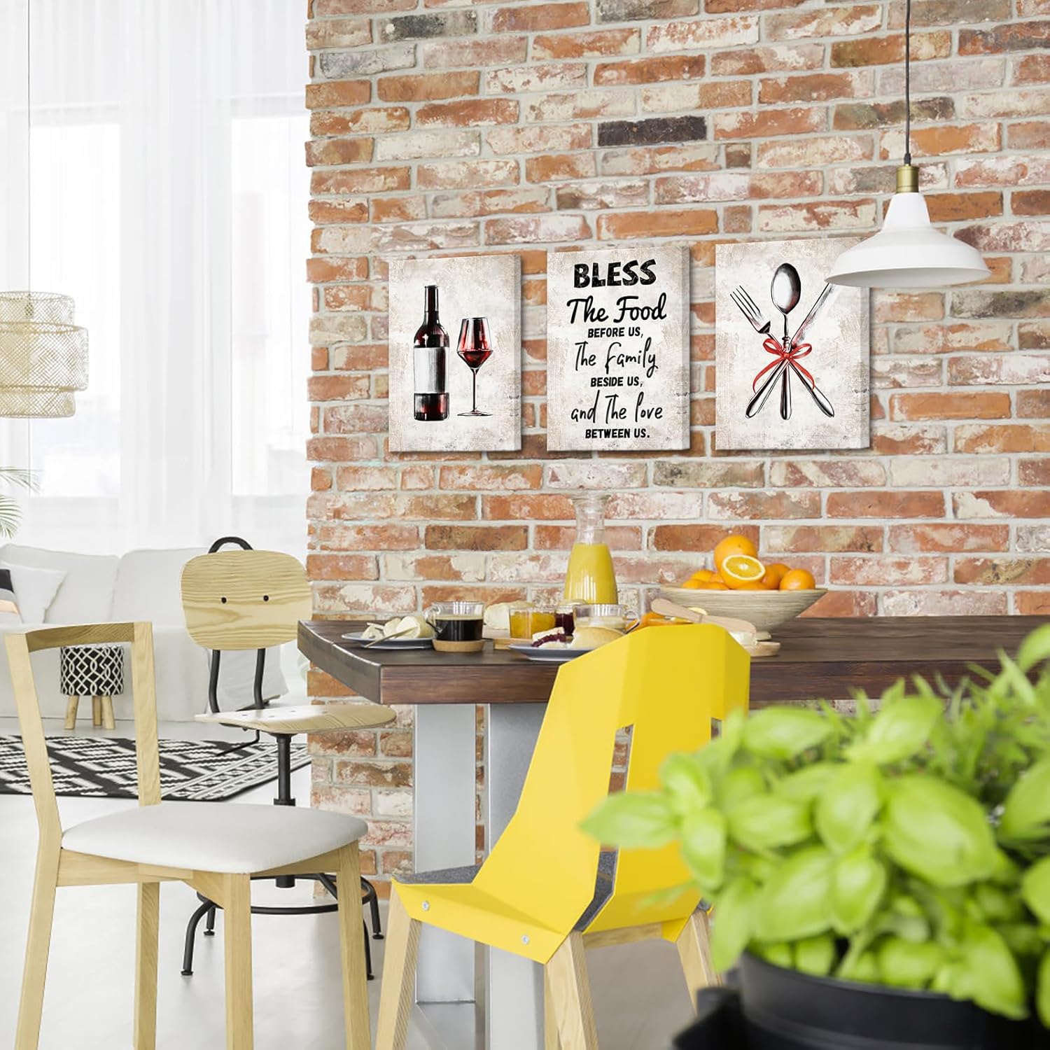 KREATIVE ARTS 3 Pieces Kitchen Canvas Wall Art Bless the Food Wooden Framed Canvas Quotes Pictures Vintage Knives and Forks Red Wine Glasses Giclee Prints for Dining Room