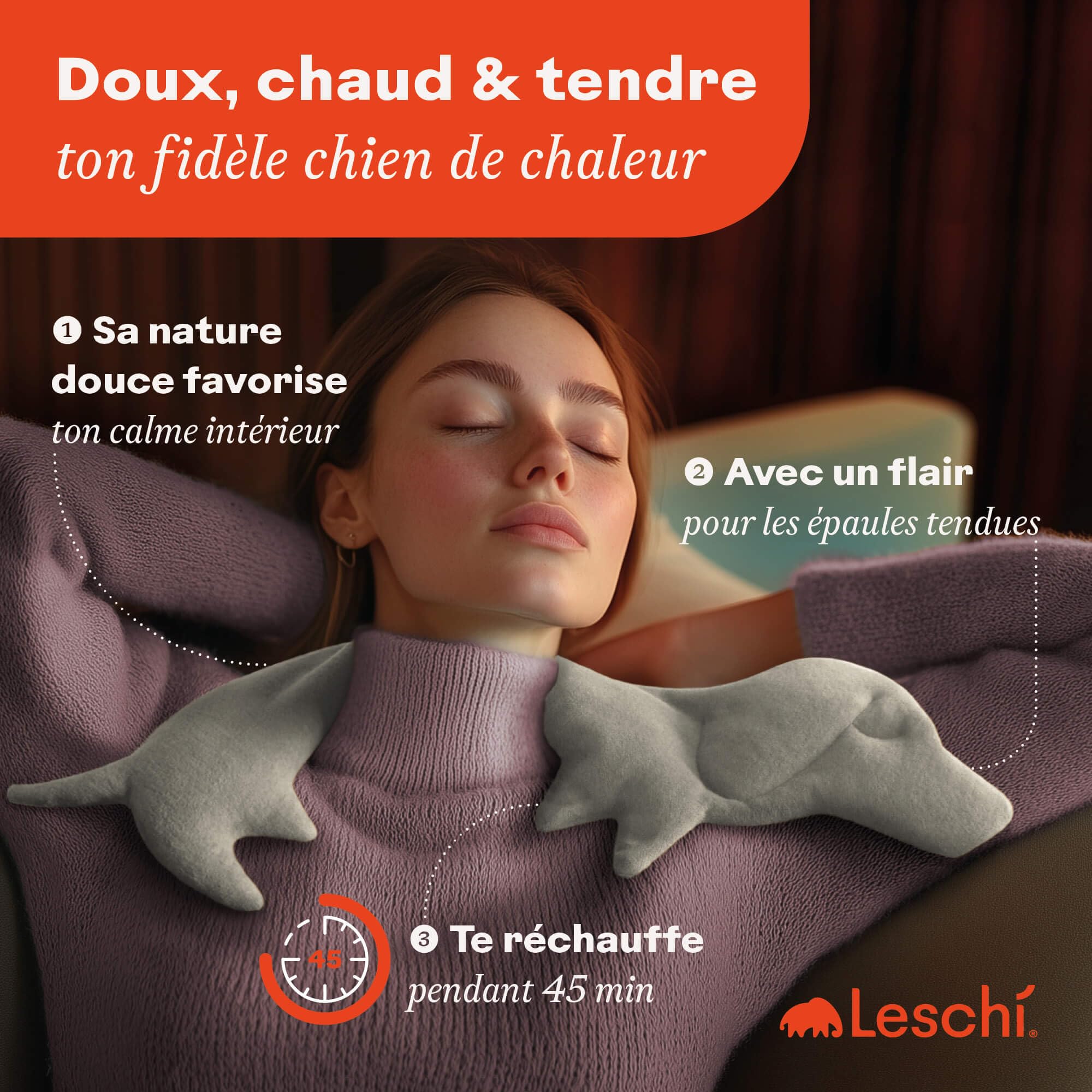 LESCHI Coussin chauffant micro ondes (52x20cm) en coton 100% bio, Chien gris, Bouillotte graines de blé 100% bio, Bouillotte micro-ondes idéale pour réchauffer cervicale, épaules, cou, nuque