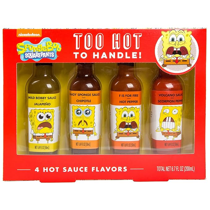 Ten Acre Gifts SpongeBob Squarepants Hot Sauce Gift Set, Pack of 4, Variety Pack of Ten Acre Gifts SpongeBob Squarepants Hot Sauce Gift Set, Pack of 4, Variety Pack of