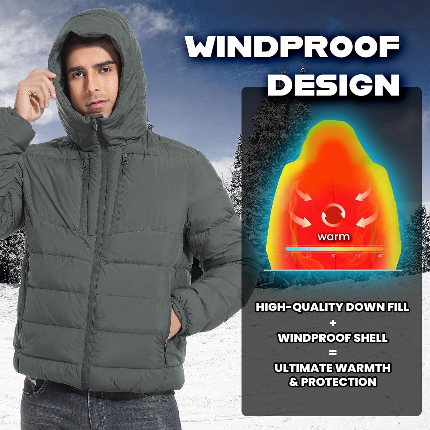 Men's Ultra Lightweiht Packable Down Jacket Hood Water-Resistant Full Zip Pockets Puffer Jackets - Image 4