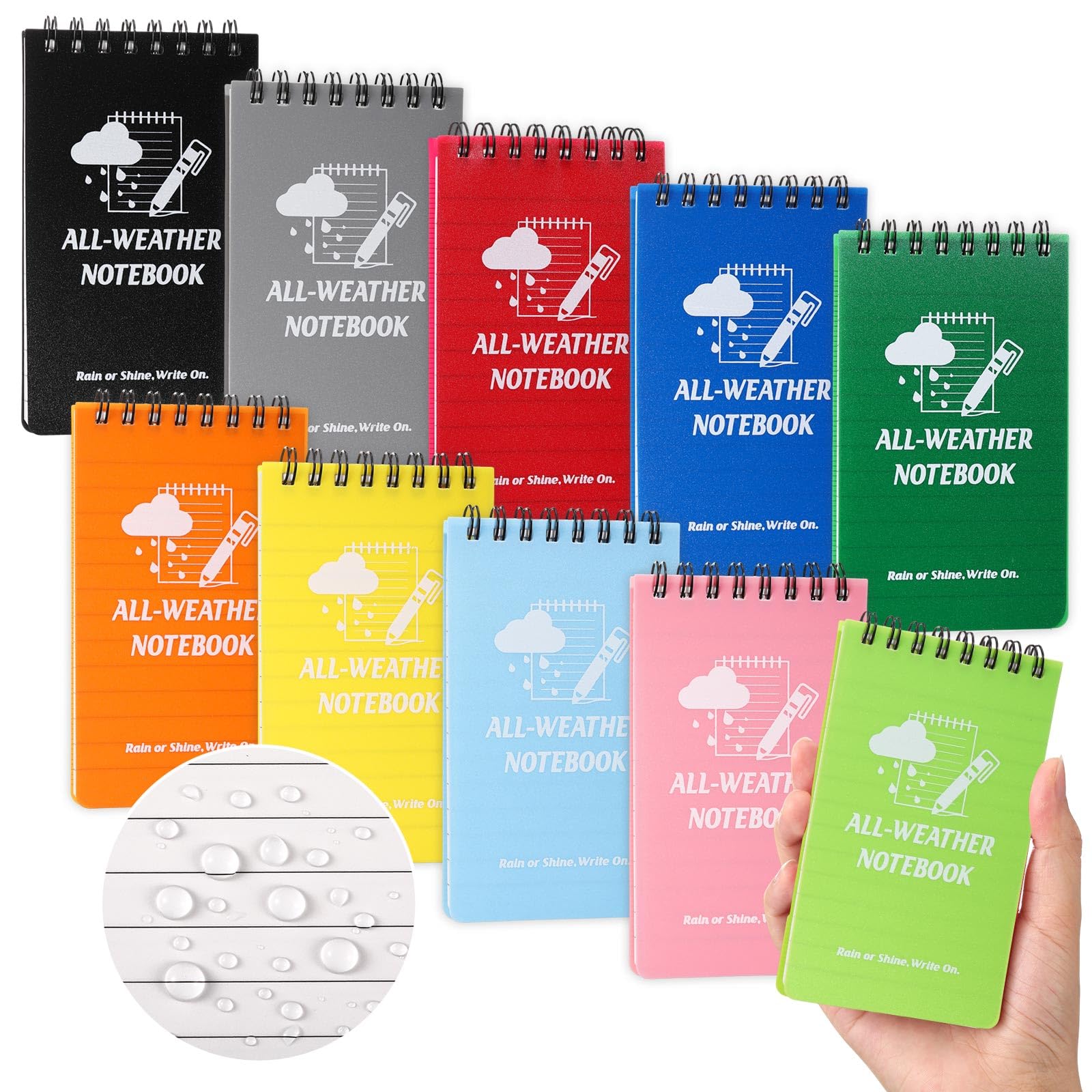 Confezione da 10 quaderni tascabili impermeabili da 7,6 x 12,7 cm, a spirale, resistenti alle intemperie, con 100 pagine a righe, per registrazione all'aperto e in ufficio