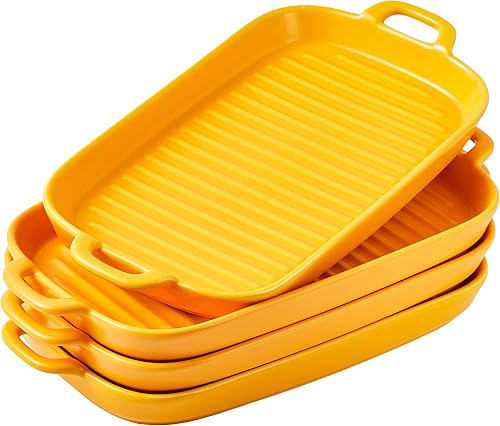 Bruntmor Juego de 4 platos de porcelana negra de 10 x 6 pulgadas. Increíble bandeja de lasaña con asa, platos llanos esmaltados mate para hornear,