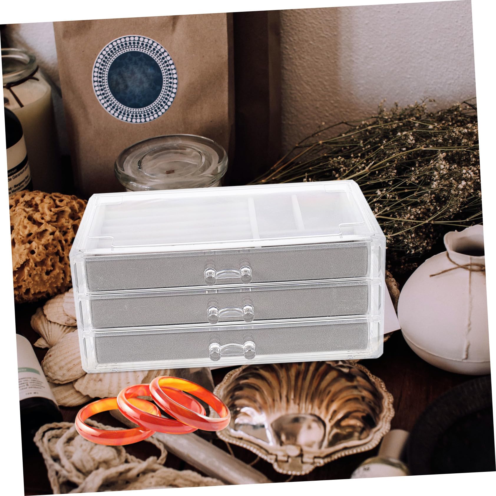 POPETPOP Scatola Porta Gioielli in Plastica Grigia con Organizer da Scrivania per Camera da Letto con Scomparti Multipli Antipolvere e Design Elegante