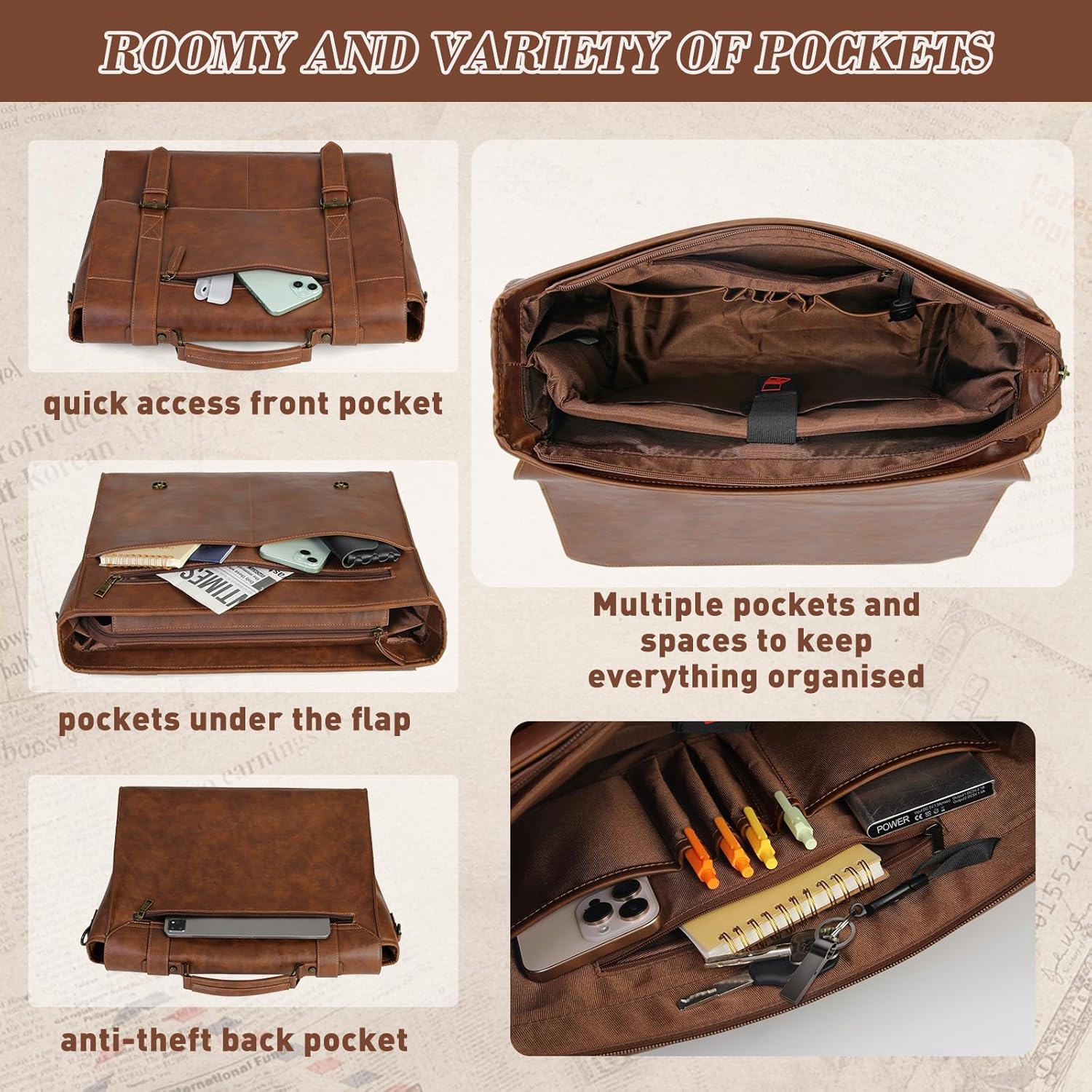 RAINSMORE Messenger Bag for Men 15.6 inch Leather Laptop Bag Vintage Waterproof Satchel Computer Briefcase for Office Work - Image 3