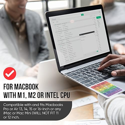 Vista 56 de Synerlogic (5 unidades) Pegatina de atajos de Mac OS, calcomanías de teclado para macOS, vinilo laminado sin residuos, hoja de trucos para MacBook