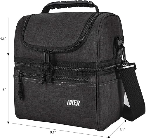 Miniatura 2 de MIER Lonchera aislada con 2 compartimentos y paquete de almuerzo expandible para hombres y mujeres, color negro