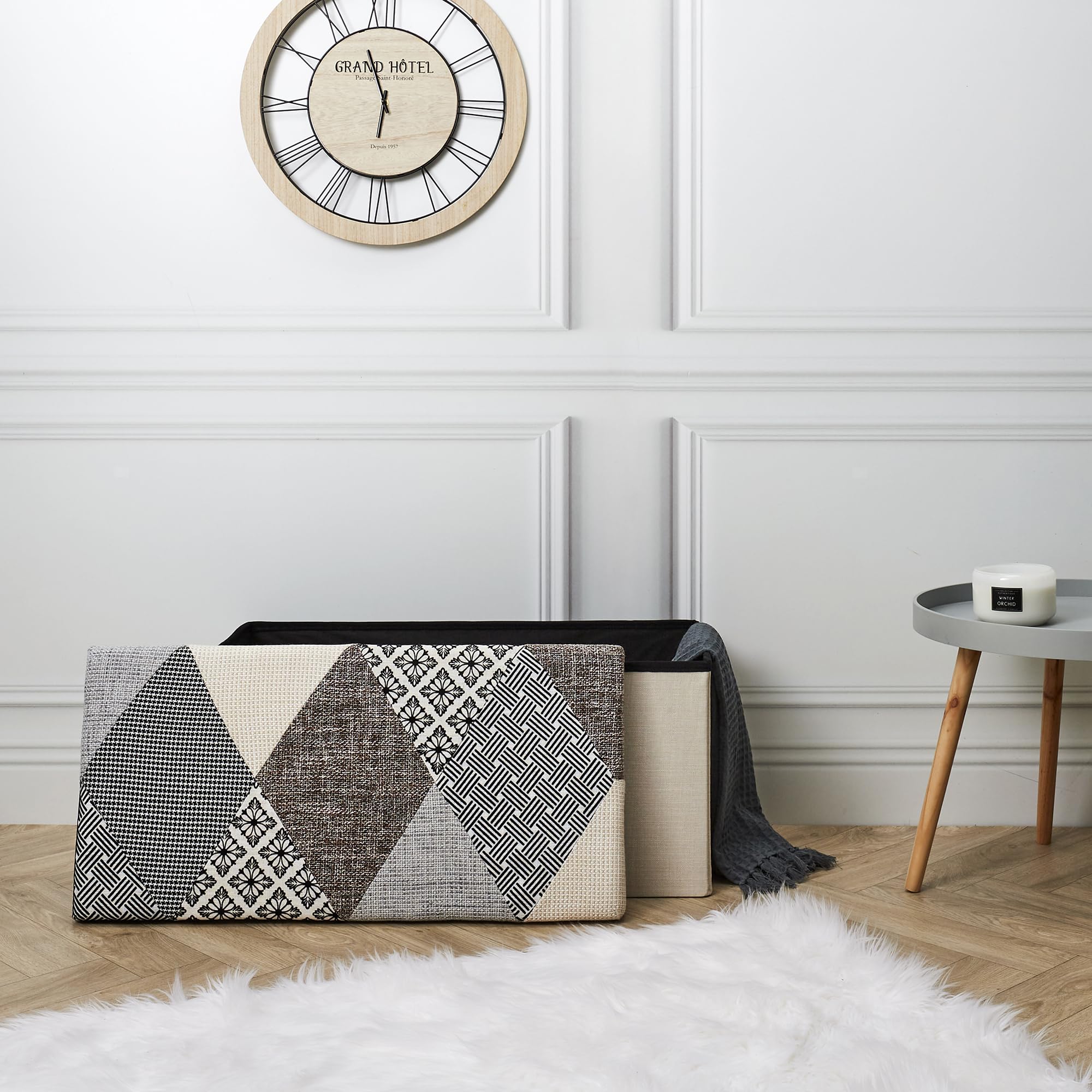 HOME DECO FACTORY Chest, Bench, Patchwork, Grey, Bench, Foldable, for Living Room, Bedroom, Dining Room, Multicoloured, 76 x 38 x 38 cm