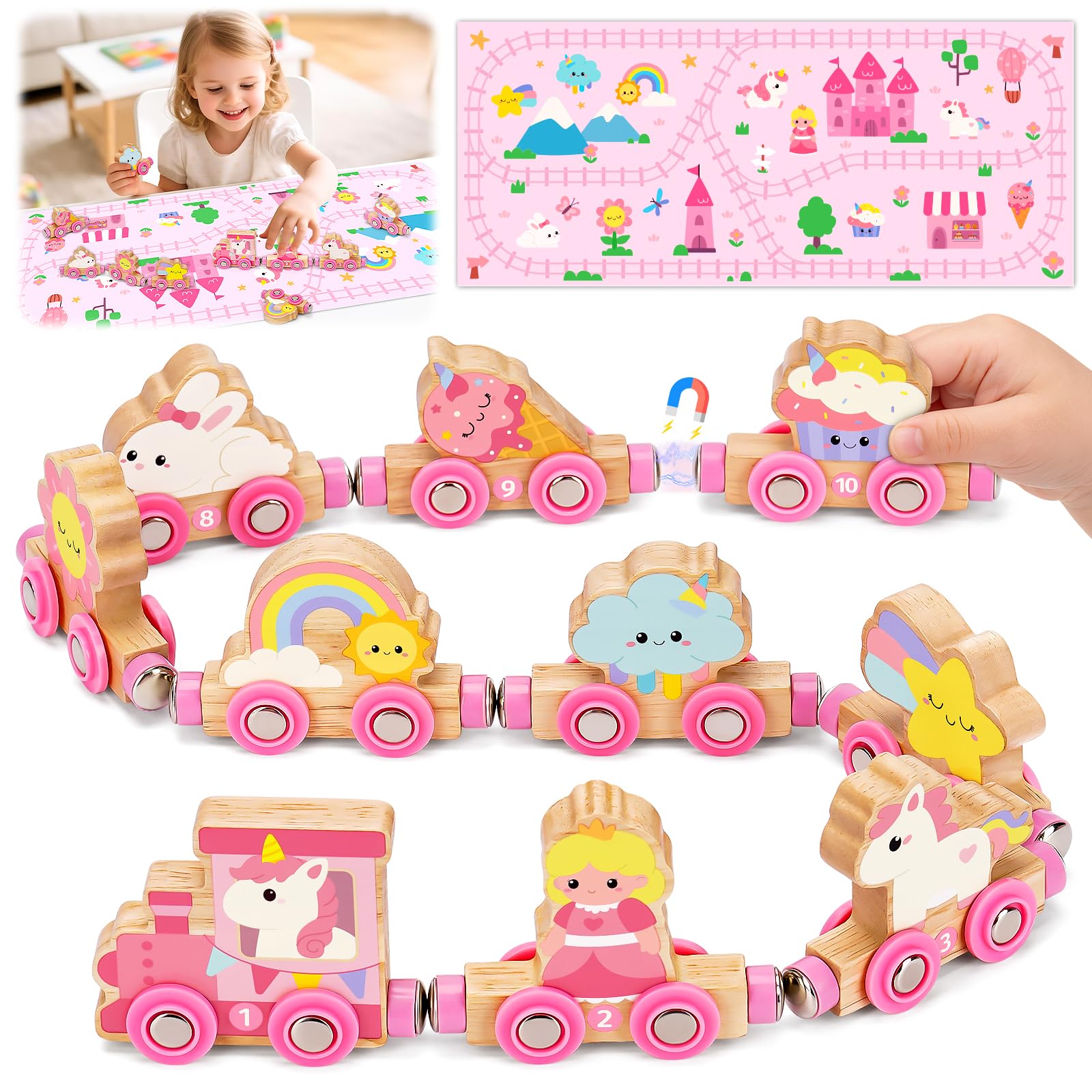 Toys for 1 2 3 4 Year Old Girls Gifts, Toddler Montessori Toy Girls Toy age 2 3 4 1st Birthday Gifts for Girl Presents for 1-2-3 Year Old Kids Unicorn Magnetic Wooden Train Set Castle Track Mat Game