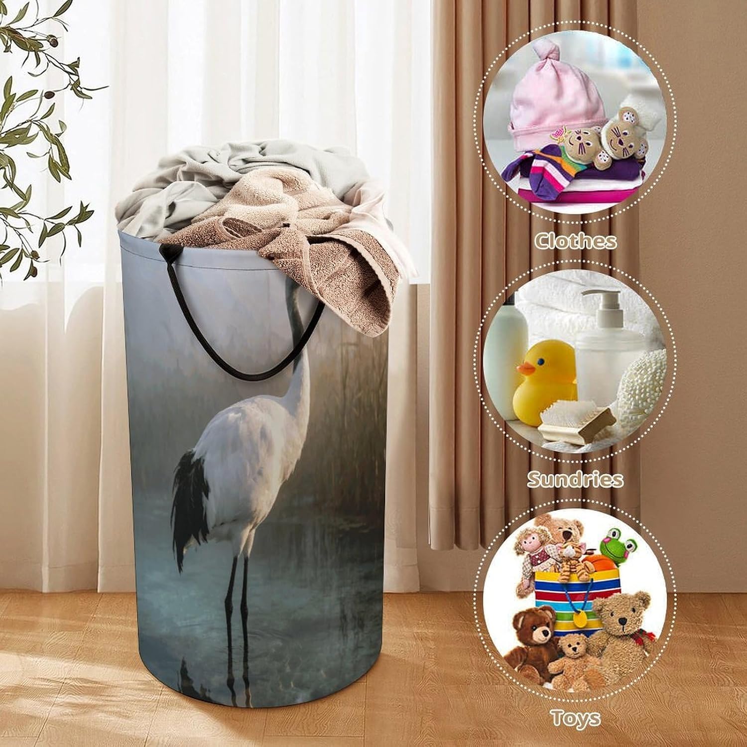 Majestic Crane Laundry Hamper Portable Lightweight Clothes Hampers Fashion Dirty Laundry Storage Basket Large Capacity Foldable Clothes Baskets for Bathroom Bedroom
