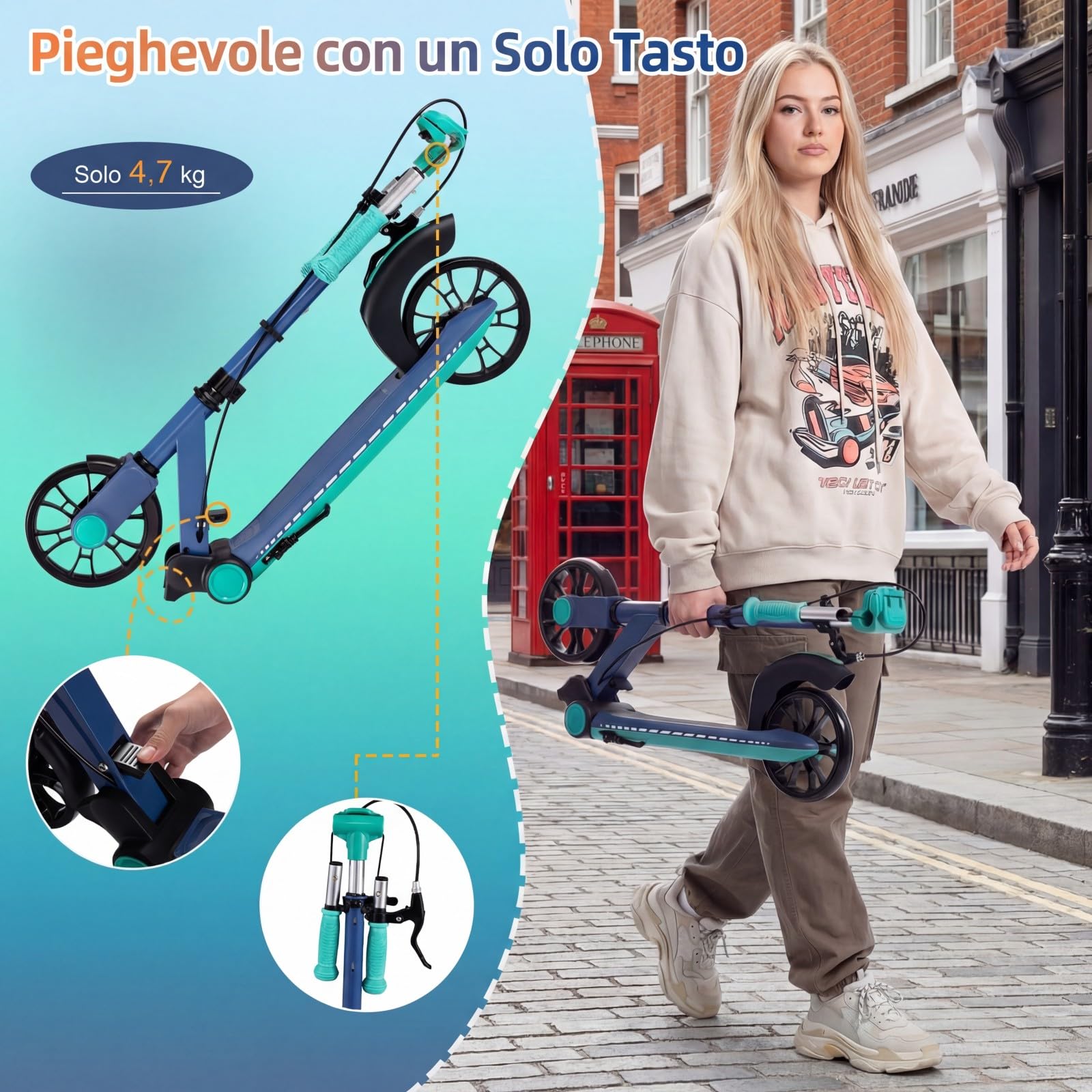 COSTWAY Monopattino Pieghevole con 2 Ruote Luminescenti, Manubrio Regolabile su 3 Altezze, Freno Posteriore, Cavalletto, Telaio in Alluminio Leggero e Pedana Antiscivolo, per Adulti e Bambini