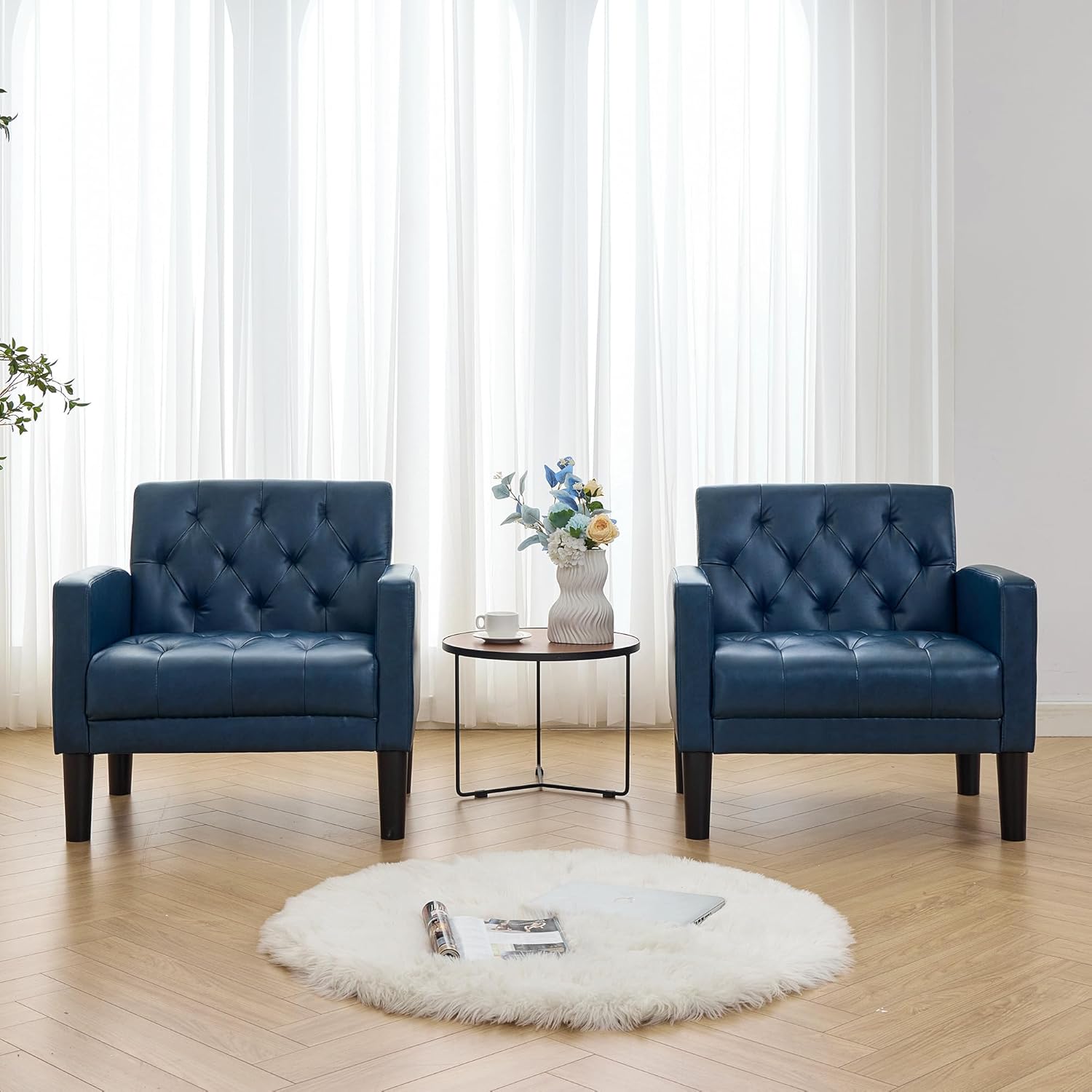 TYBOATLE Accent Chairs Set of 2 Comfy Living Room Chair Leather Tufted Mid Century Modern Accent Chair, Small Cozy Reading Arm Chair for Office, Bedroom (2, Blue)