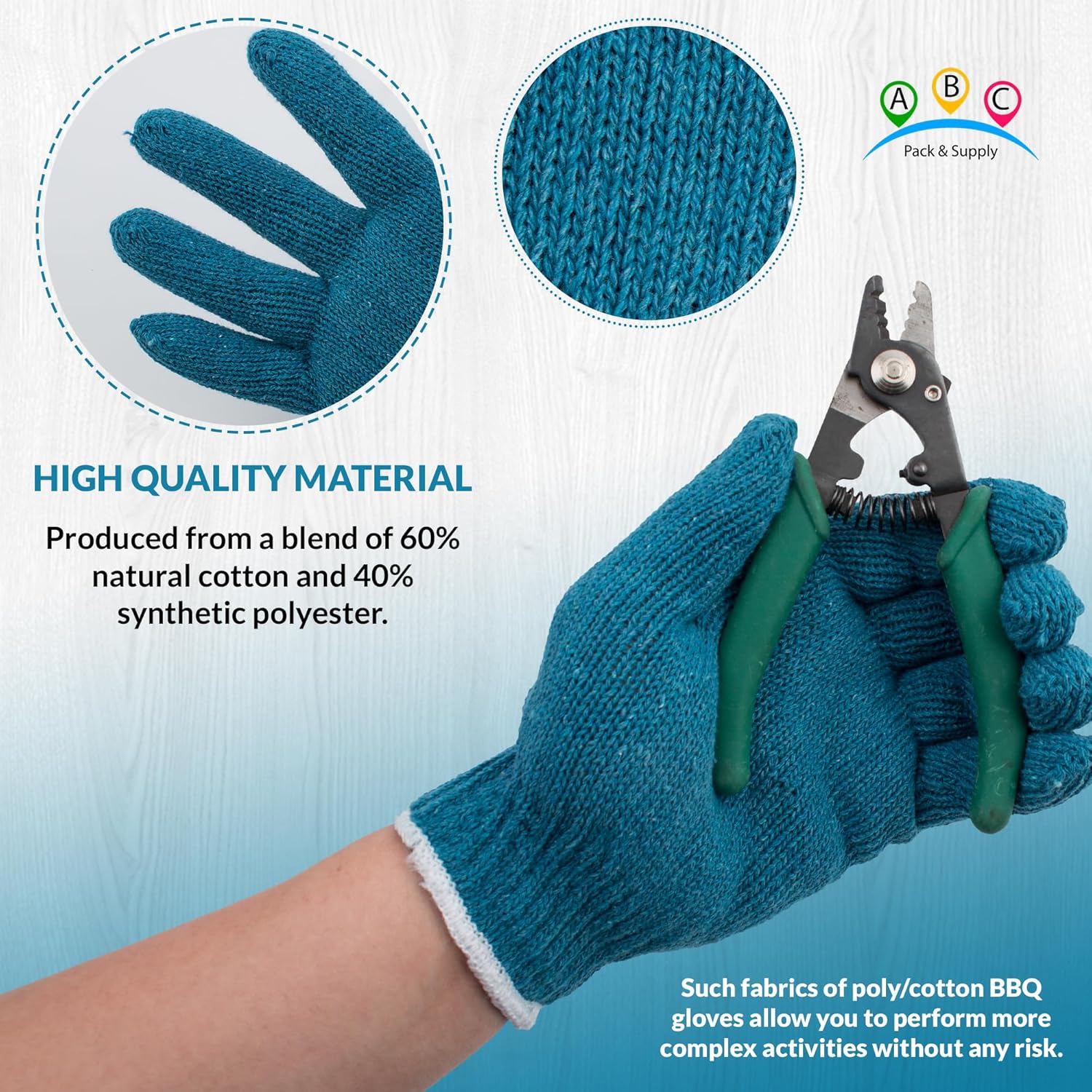 Blue Gray String Knit Work Gloves, 10 Inch. Cotton Polyester Work Gloves. Unisex Washable Reusable Garden Glove