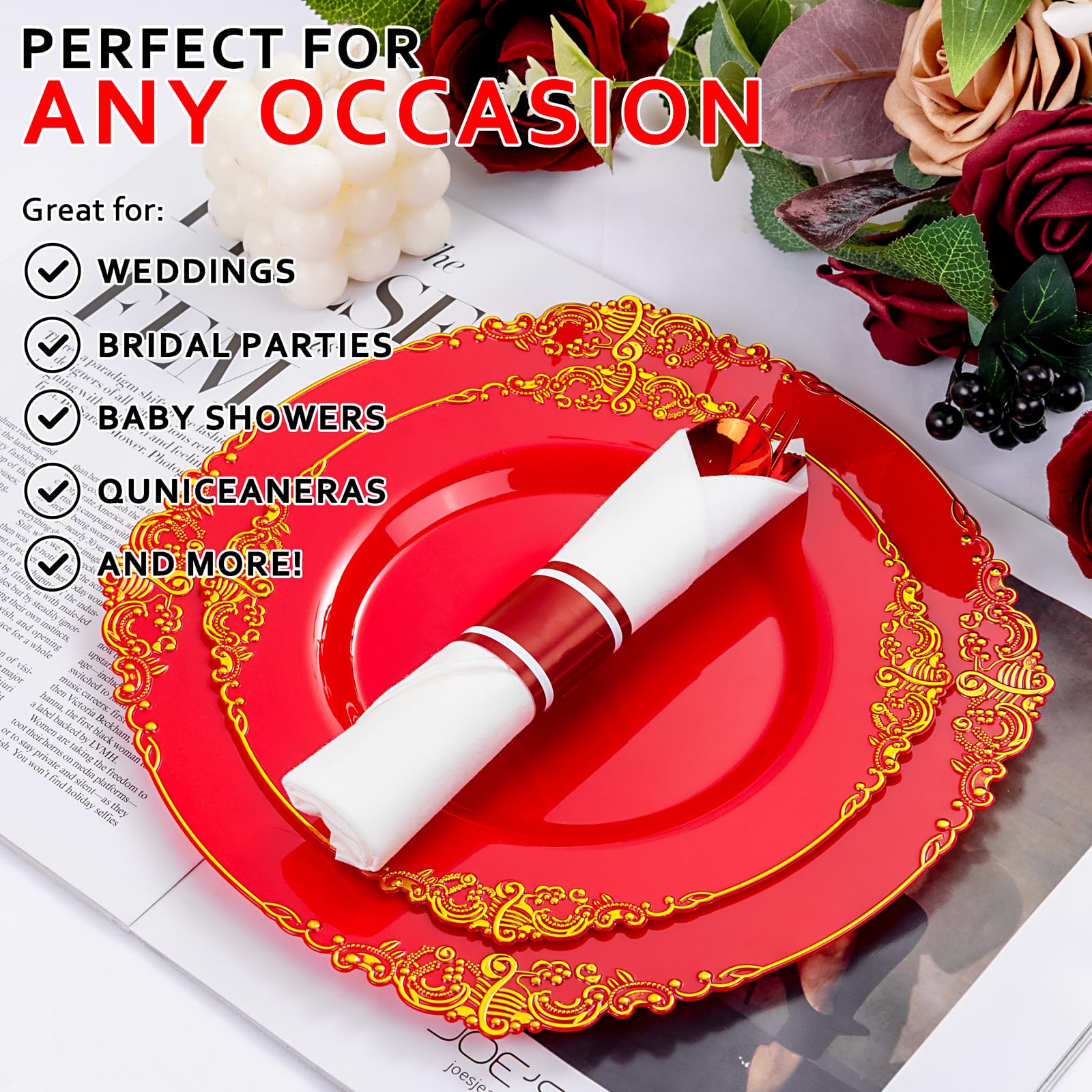 Red Plasticware Snapklik.com : Joyido 400PCS Pre Rolled Red Plastic Silverware Sets ...