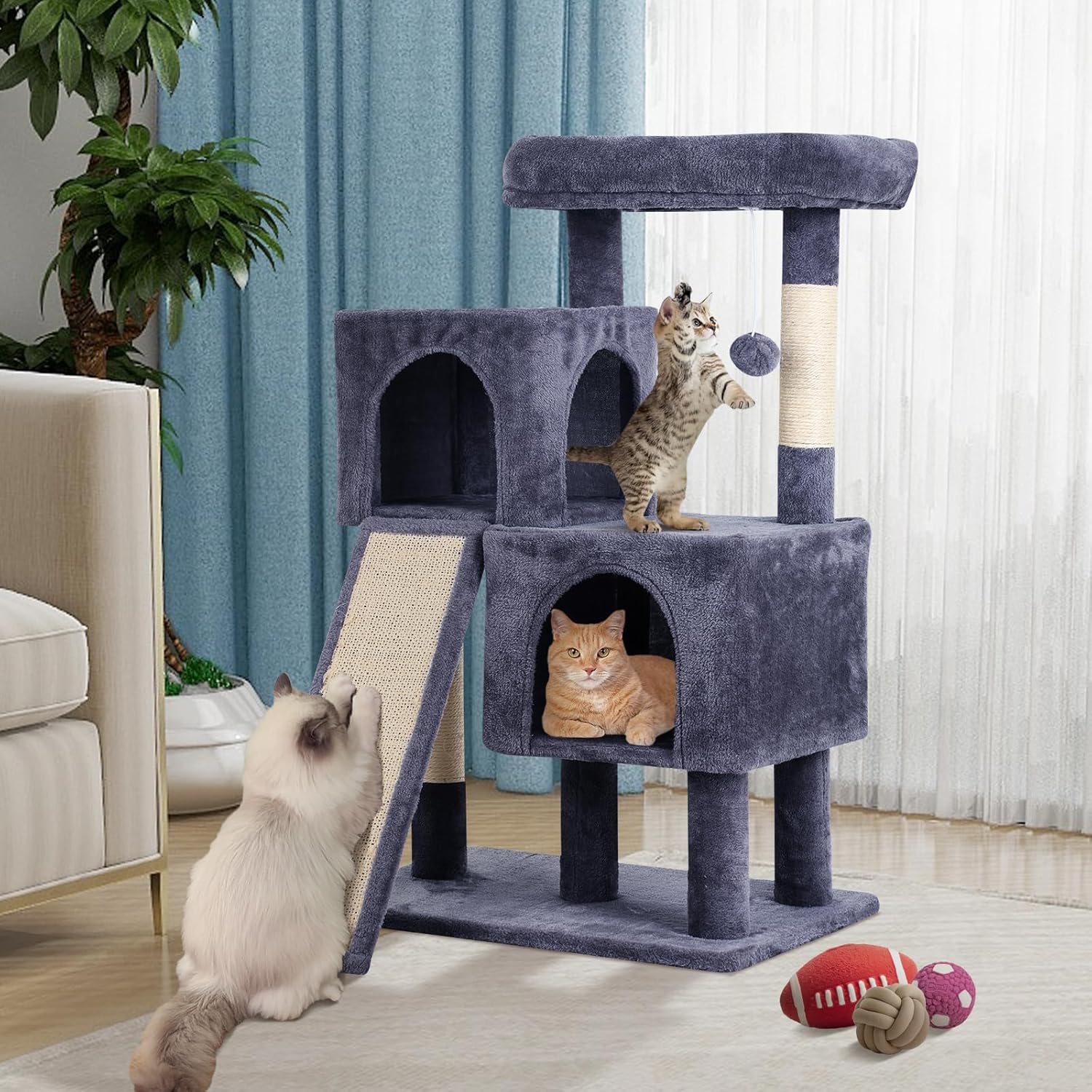 Cat Tree 36-Inch Cat Tower with Scratching Post Multi-Level Cats Condo with Ramp,Large Perch,Dangling Ball,Pet Play Tower for Kittens & Adult Cats(Dark Grey)