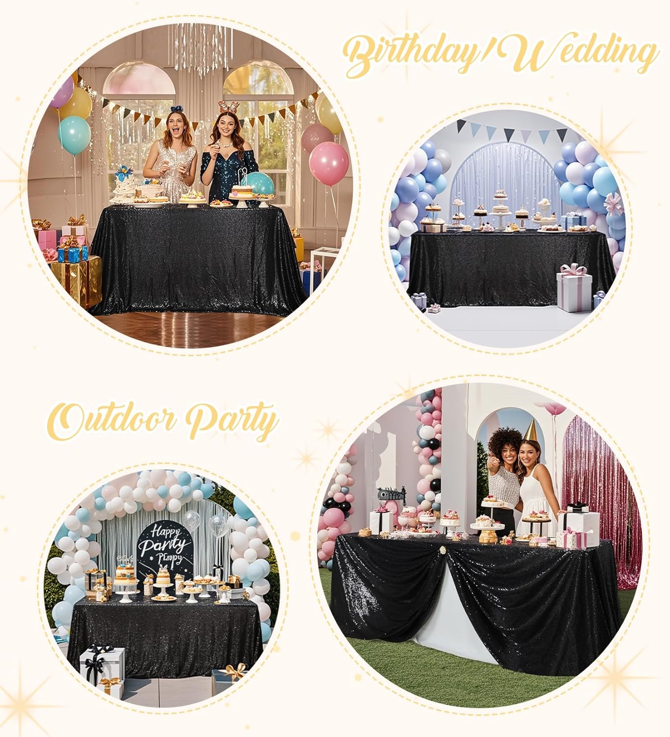 Juya Delight 60" x 102" Black Sequin Tablecloth Rectangle Sparkle Table Cover for Birthday Party Banquet Wedding 6ft Tables