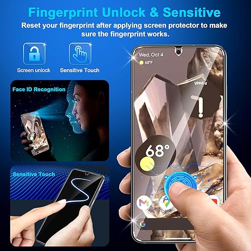 Miniatura 3 de letosan Paquete de 4 protectores de pantalla de vidrio templado para Google Pixel 8 Pro 5G, dureza 9H, desbloqueo ultrasónico de huellas dactilares,
