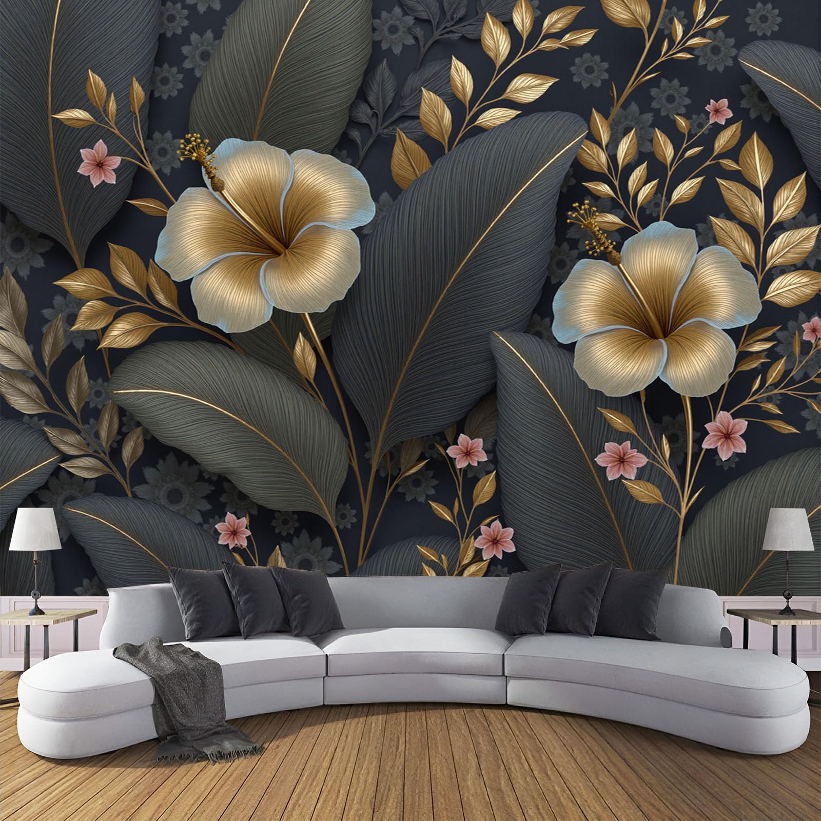 Papier peint panoramique tropical 400x280 cm gris foncé floral pour salon