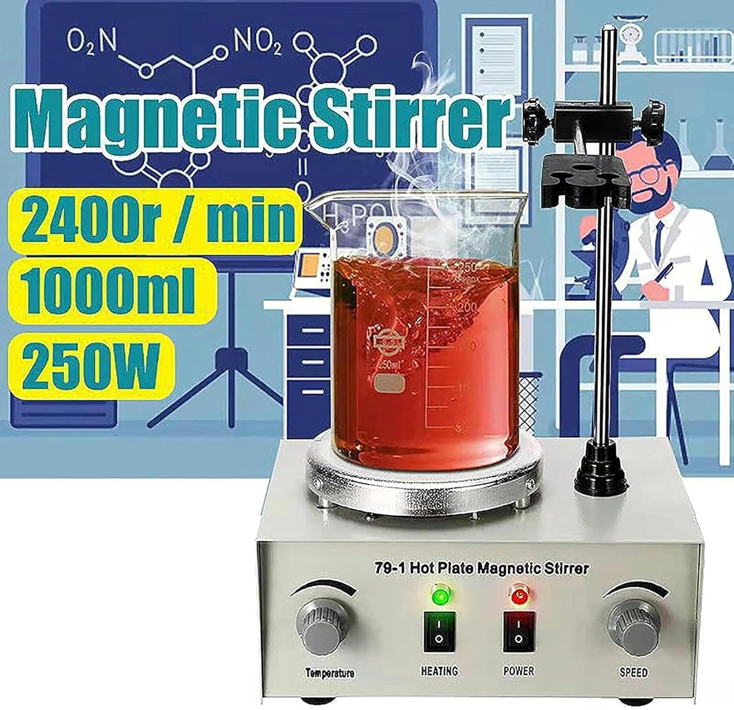 XENITE Lab Heating Stirrer, Thermostatic Magnetic Mixer Machine, 1000Ml Hot Plate Stirrer, 0-2400R/Min, 0-100℃, 12×12cm Working Plate