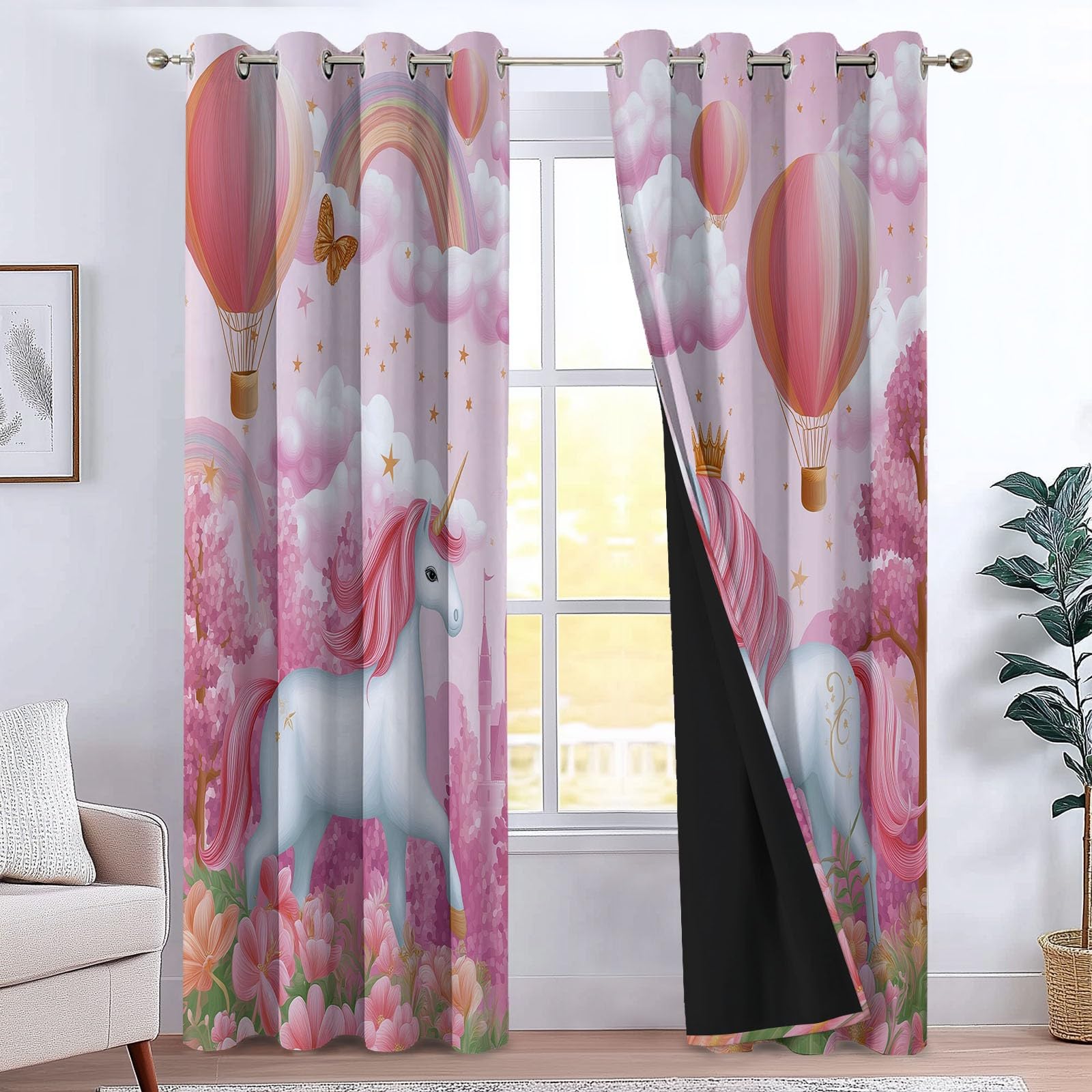Générique Rideaux occultants Dessin Animé Licorne Château - 2 Panneaux à Isolation thermiquement - Rideaux de fenêtreLicorne pour Chambre à Coucher Salon 110 x 215 cm