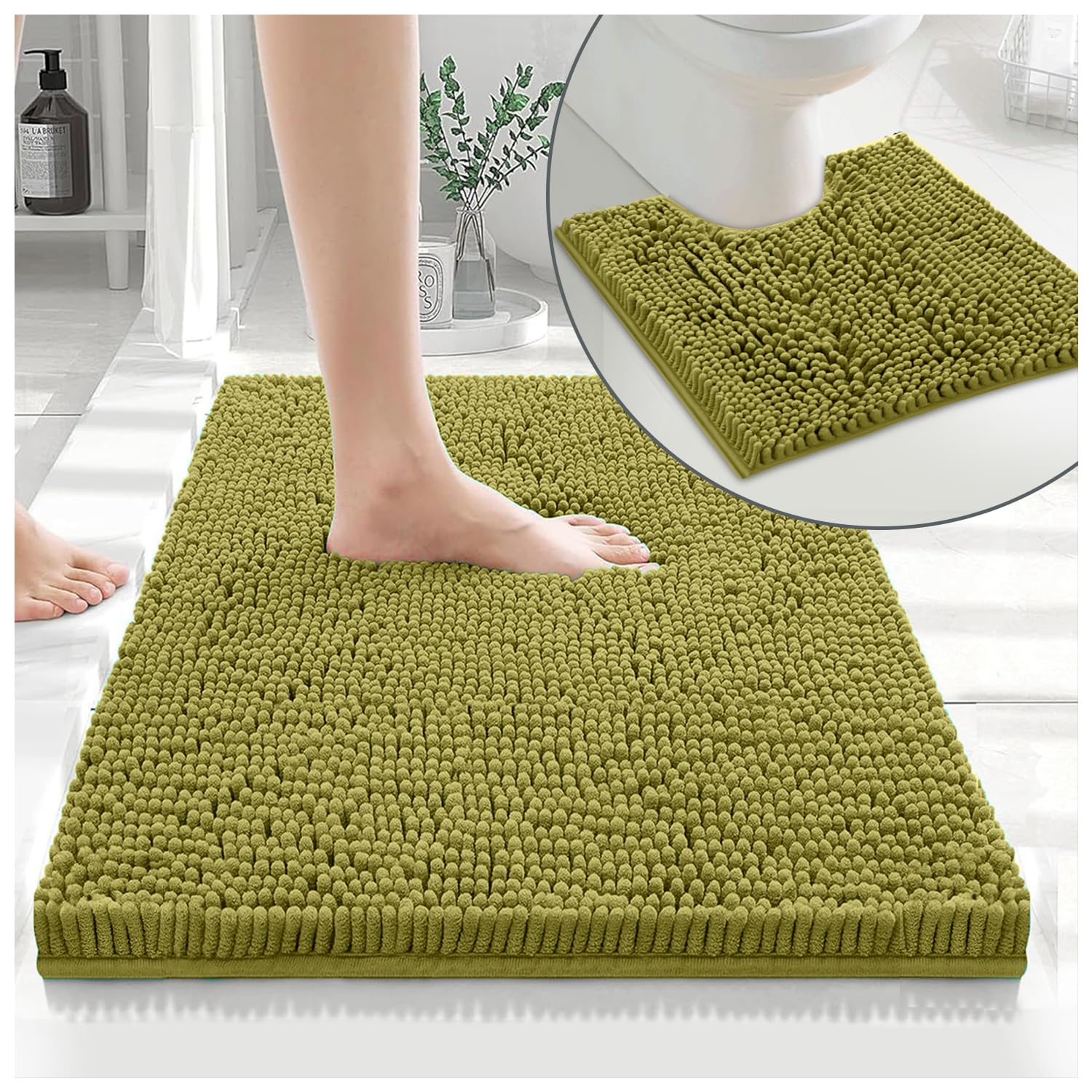 GC GAVENO CAVAILIA Soft Bath Mat Sets For Bathroom | 2 Piece Bath Mat Non Slip Back | Highly Water Absorbent & Fast Drying 100% Microfiber Chenille Toilet Rug with Pedestal Mat | Green โ image 1