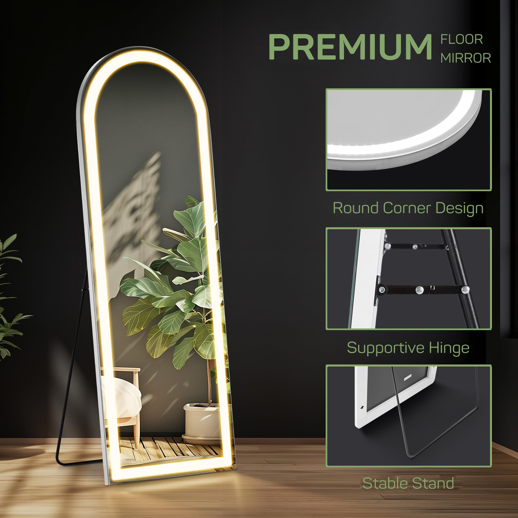 Espejo CASSILANDO 63x20 Pulgadas Con Luces LED – Ajustable En Brillo Y Color, De Pie O Montado, Ideal Para Dormitorio