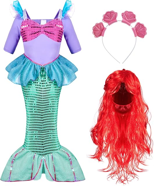 Spooktacular Creations Girls Mermaid Princess Fancy Dress Up Costume Set with Red Wig and Headband (Toddler (3-4))