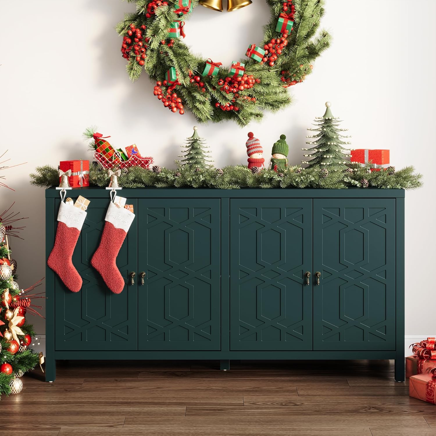 Sideboard Buffet, Mid-Century Sideboard Cabient with Adjustable Shelves, Accent Storage Credenza for Entryway, Living Room, Dining Room, Bedroom, Turquoise