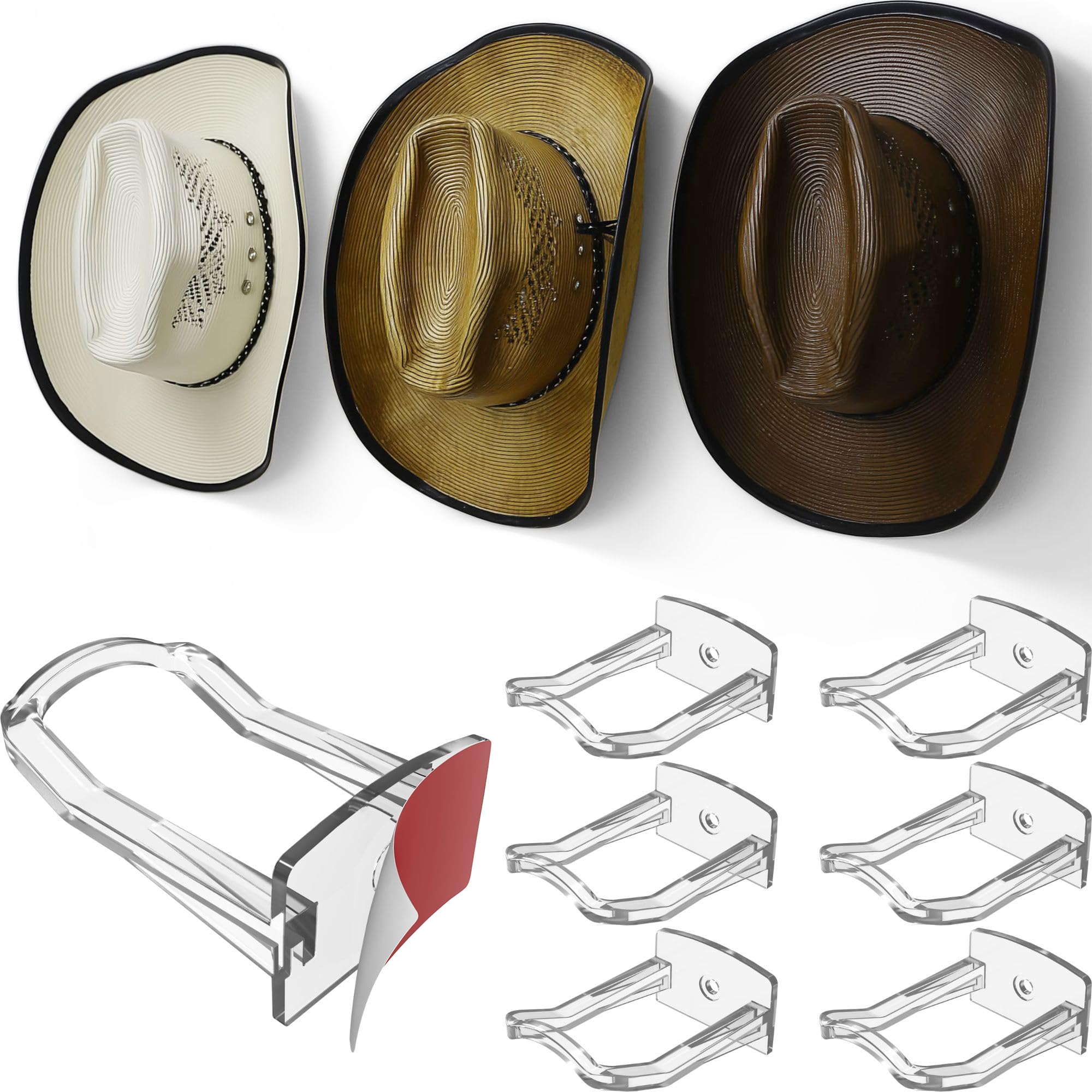 Modern JP Adhesive Cowboy Hat Hooks for Wall (6-Pack) – 3-Inch Wall Mount for Secure Hold, Wide Brim Hat Organizer, Western Room Decor – Clear
