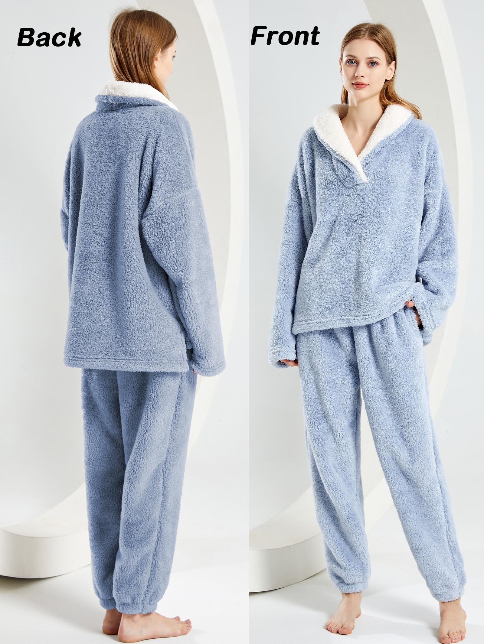 Famulily Conjunto de pijama de forro polar para mujer, cuello de chal, mullido, suave, acogedor, parte inferior esponjosa, ropa de dormir para invierno
