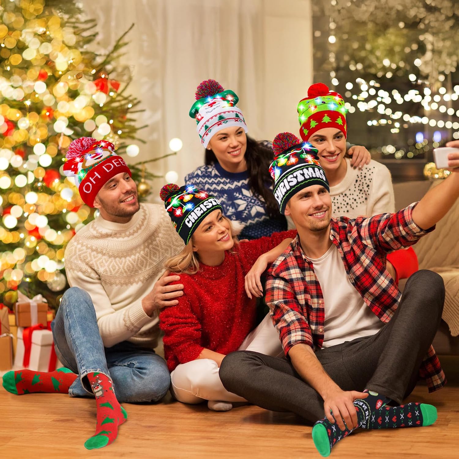 MGparty 8 Pack Christmas LED Beanie Hat and Socks Set Winter Light-Up Knit Hat with Crew Socks for Kids and Adults, Festive Holiday Accessories for Xmas, New Year, and Party Supplies