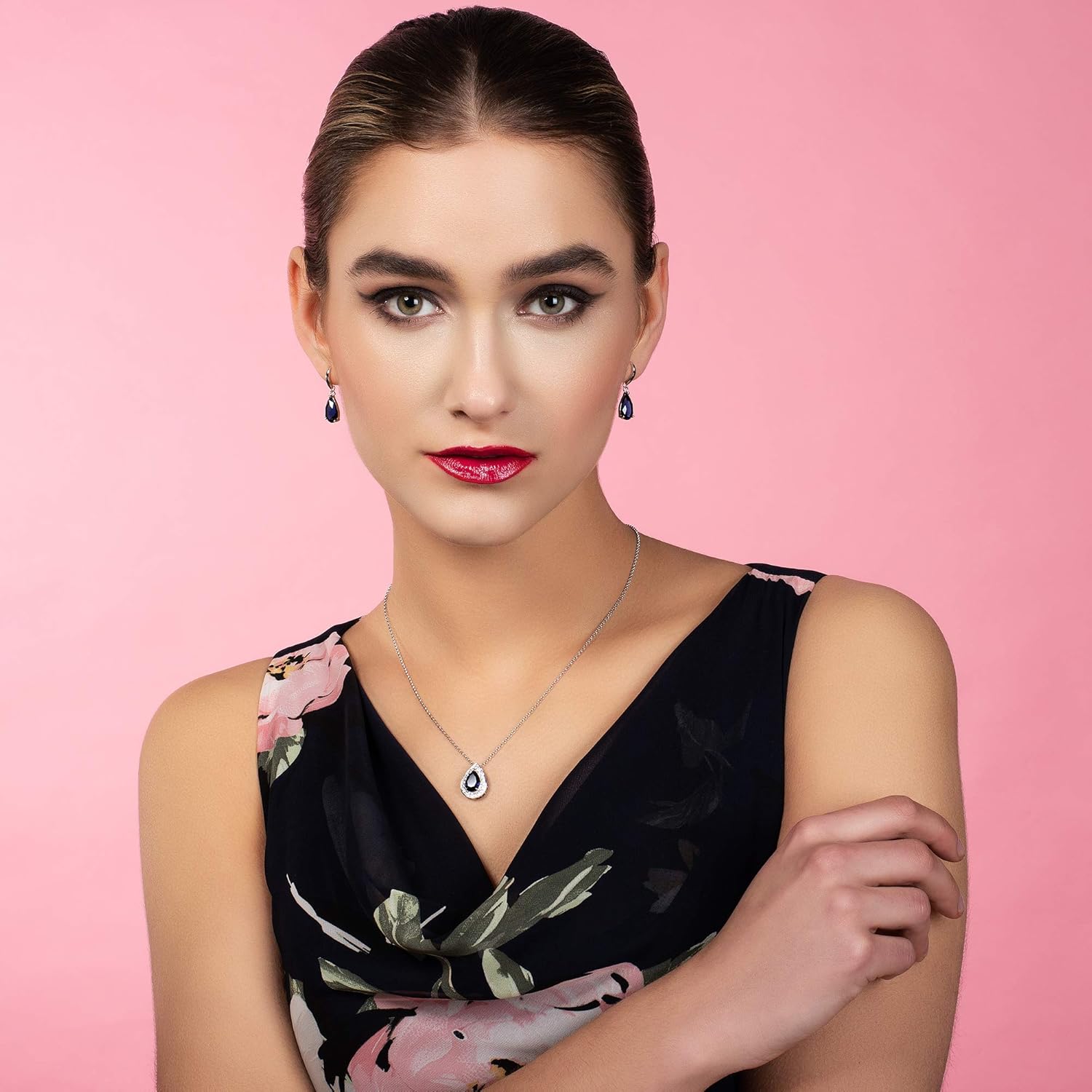 Namana Pear Drop Earrings for Women, Teardrop Earrings for Women with Blue, Pink, Red, Green, Sky Blue, or Clear Stones in a Pear Cut, Dangle Earrings for Women with Giftbox - Image 2