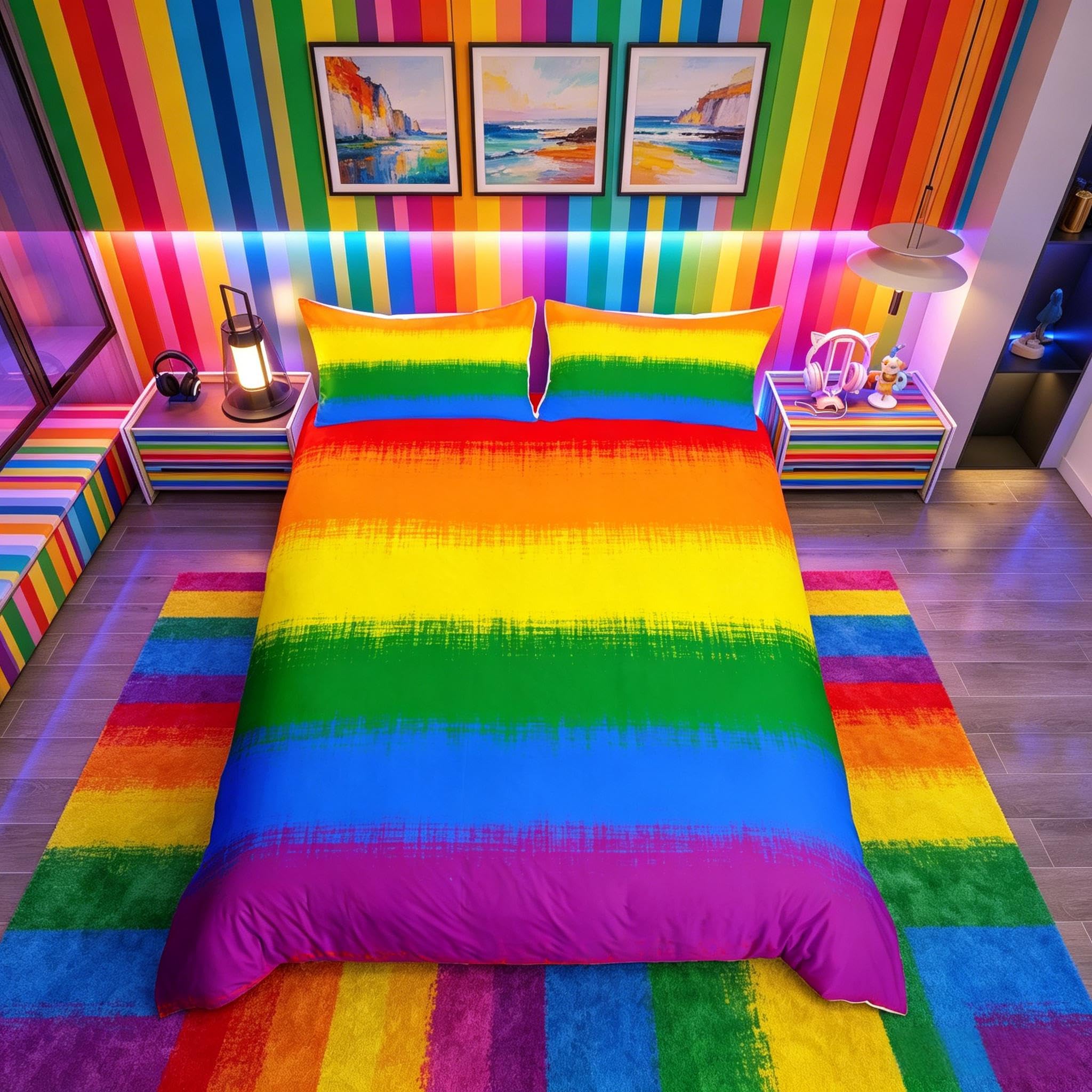 Loussiesd Rainbow Duvet Cover Set Junior/Cot Bed Size Kids Boys Girls Rainbow Bedding Set Ultra Soft 1 Duvet Cover Twin Size
