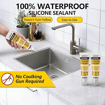 LISRUX Advanced Clear Silicone Caulk for Kitchen & Bathroom - 6 Pack (3.2 Fl Oz Each) | 100% Waterproof Silicone Sealant | Super Strong Adhesion, Shrink & Crack Proof