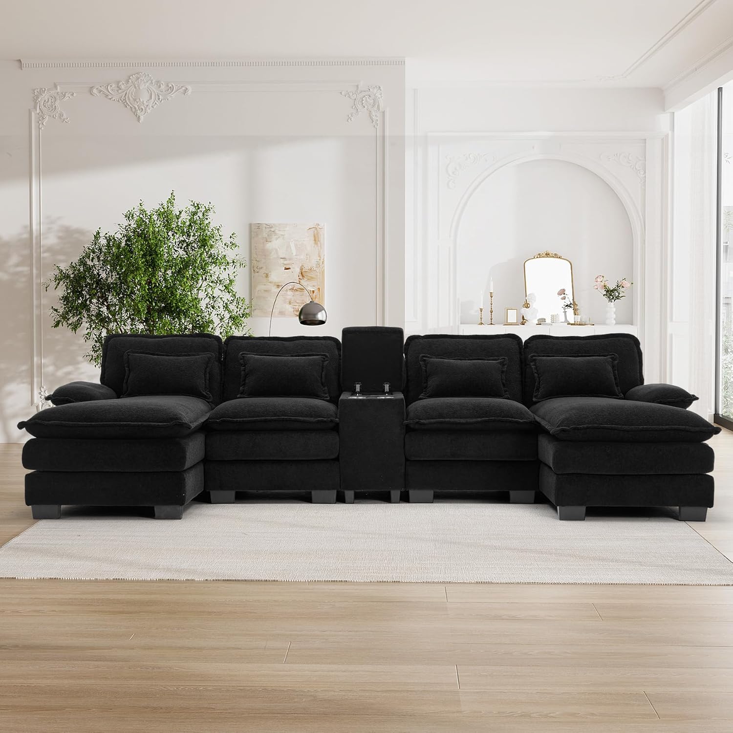 U Shape Black Cloud Sectional Couch Sofa,124" Comfy Modular Sectional Couches, Chenille Plush Cloud Sofa for Living Room with Console,USB Port, Cup Holder Double Chaise, Black