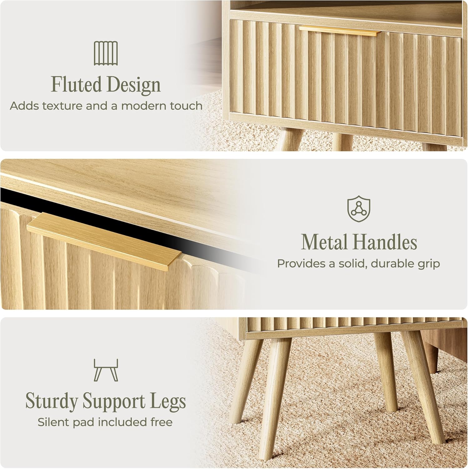 Huuger Nightstand with Charging Station, USB-C Port, Fluted Night Stand with Drawer, Bed Side Table with Solid Wood Feet, Open Storage, End Table with Raised Edge, for Bedroom, Natural